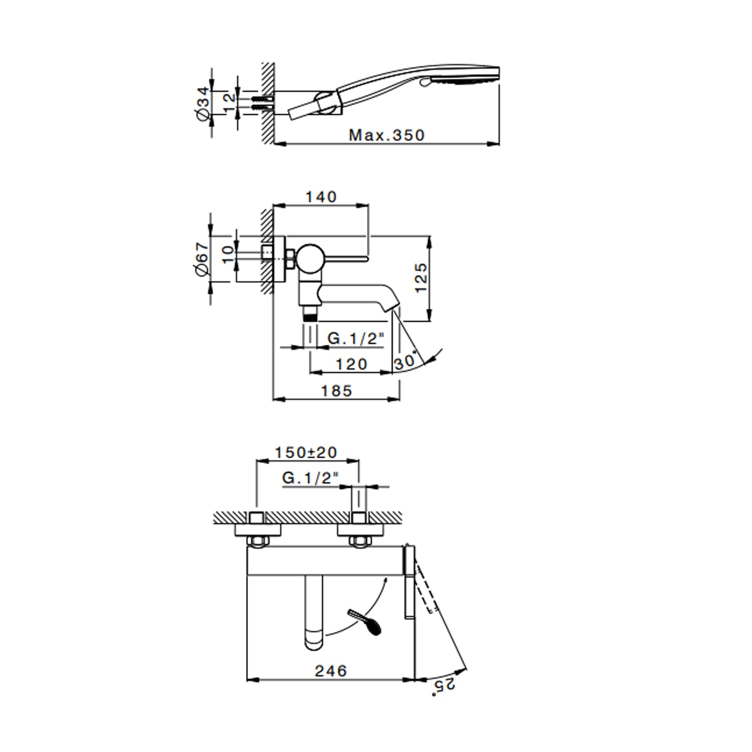 Miscelatore monocomando per vasca con kit doccino RubiFlux serie Tundra - Nickel