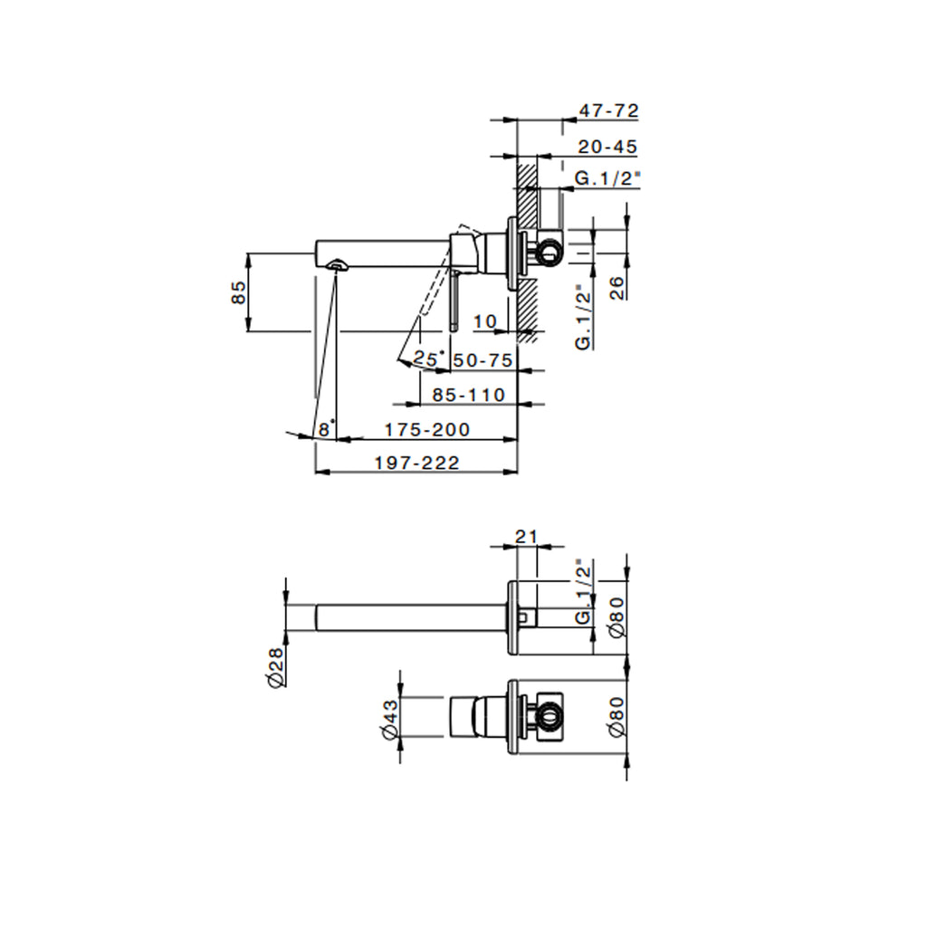 Miscelatore monocomando lavabo murale RubiFlux serie Lume canna 20 cm - Nickel