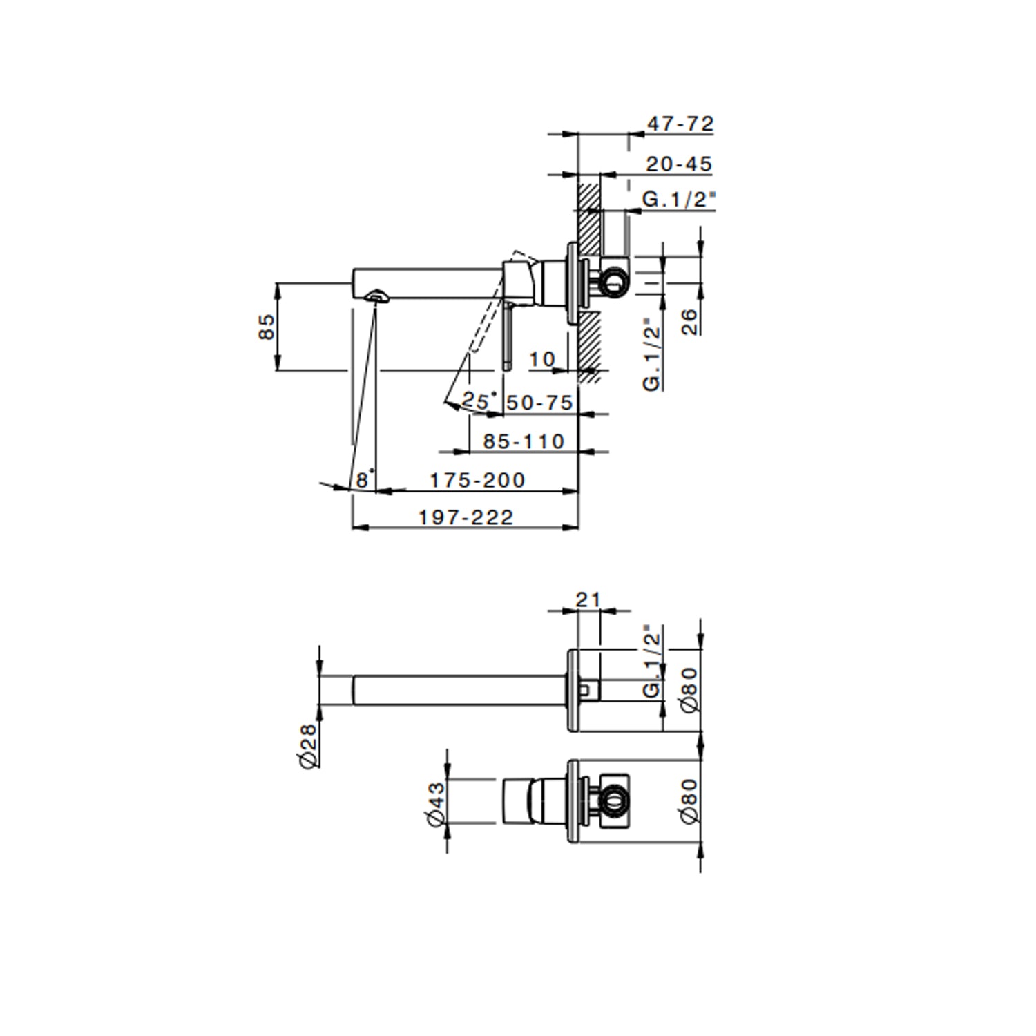 Miscelatore monocomando lavabo murale RubiFlux serie Lume canna 20 cm - Rame