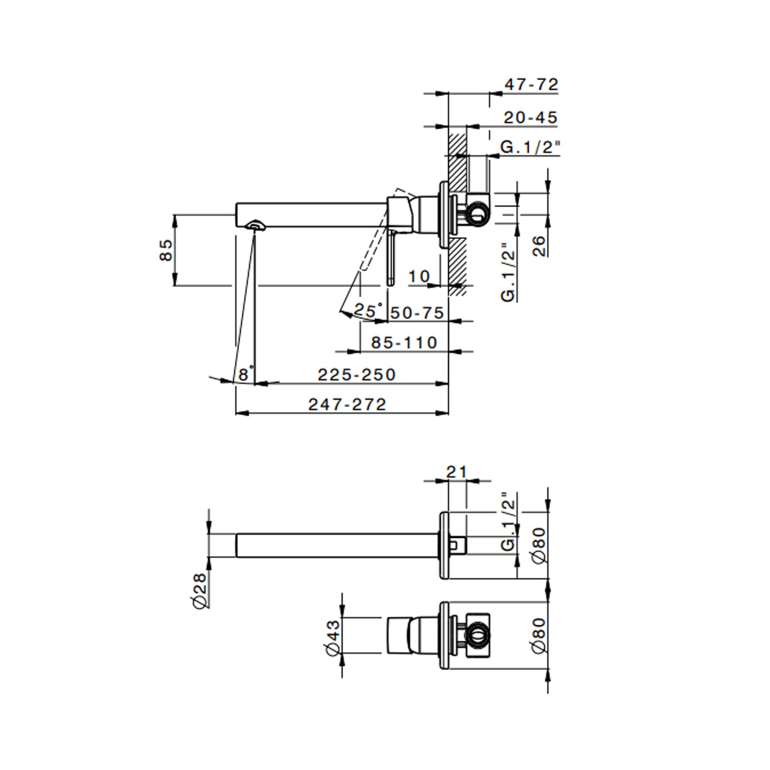 Miscelatore monocomando lavabo murale RubiFlux serie Lume canna 25 cm - Nero Opaco