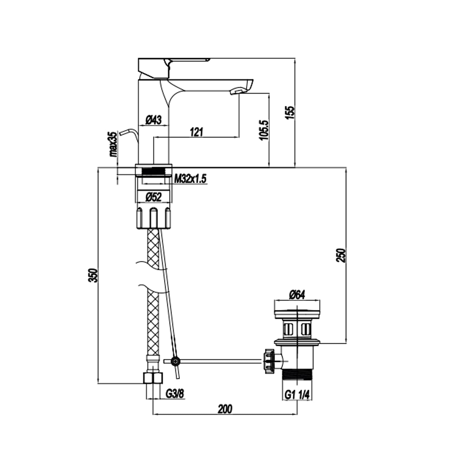 Miscelatore monocomando lavabo con scarico RubiFlux serie Zea - Cromo