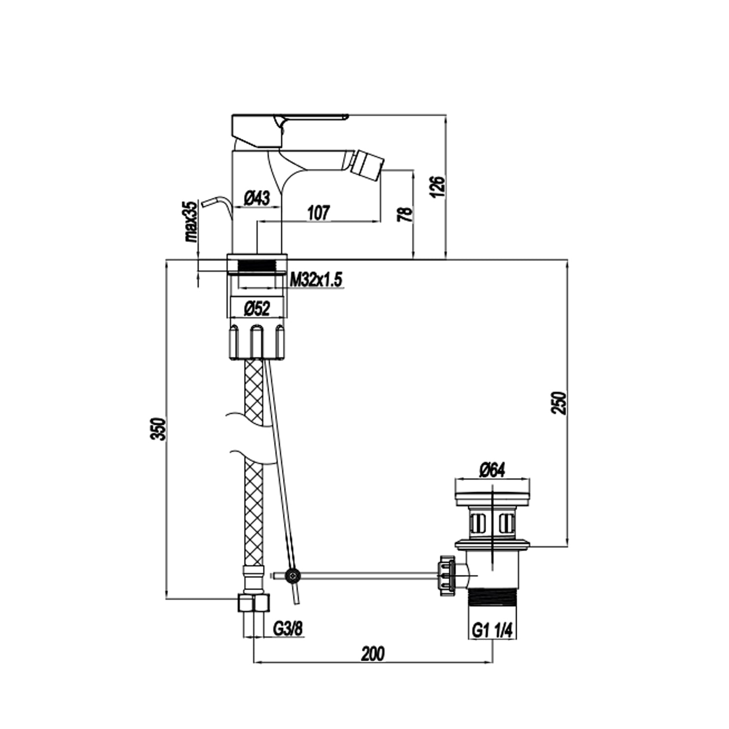 Miscelatore monocomando bidet con scarico RubiFlux serie Zea - Cromo