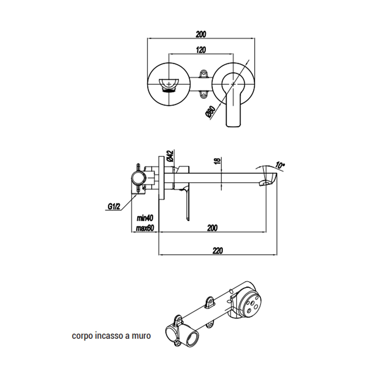 Miscelatore monocomando lavabo murale RubiFlux serie Zea canna 20 cm - Cromo