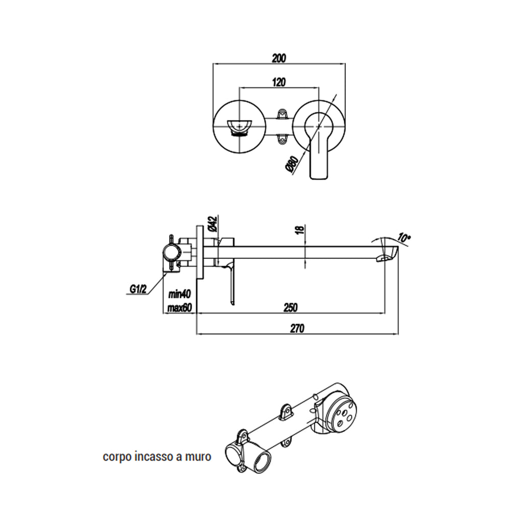Miscelatore monocomando lavabo murale RubiFlux serie Zea canna 25 cm - Cromo