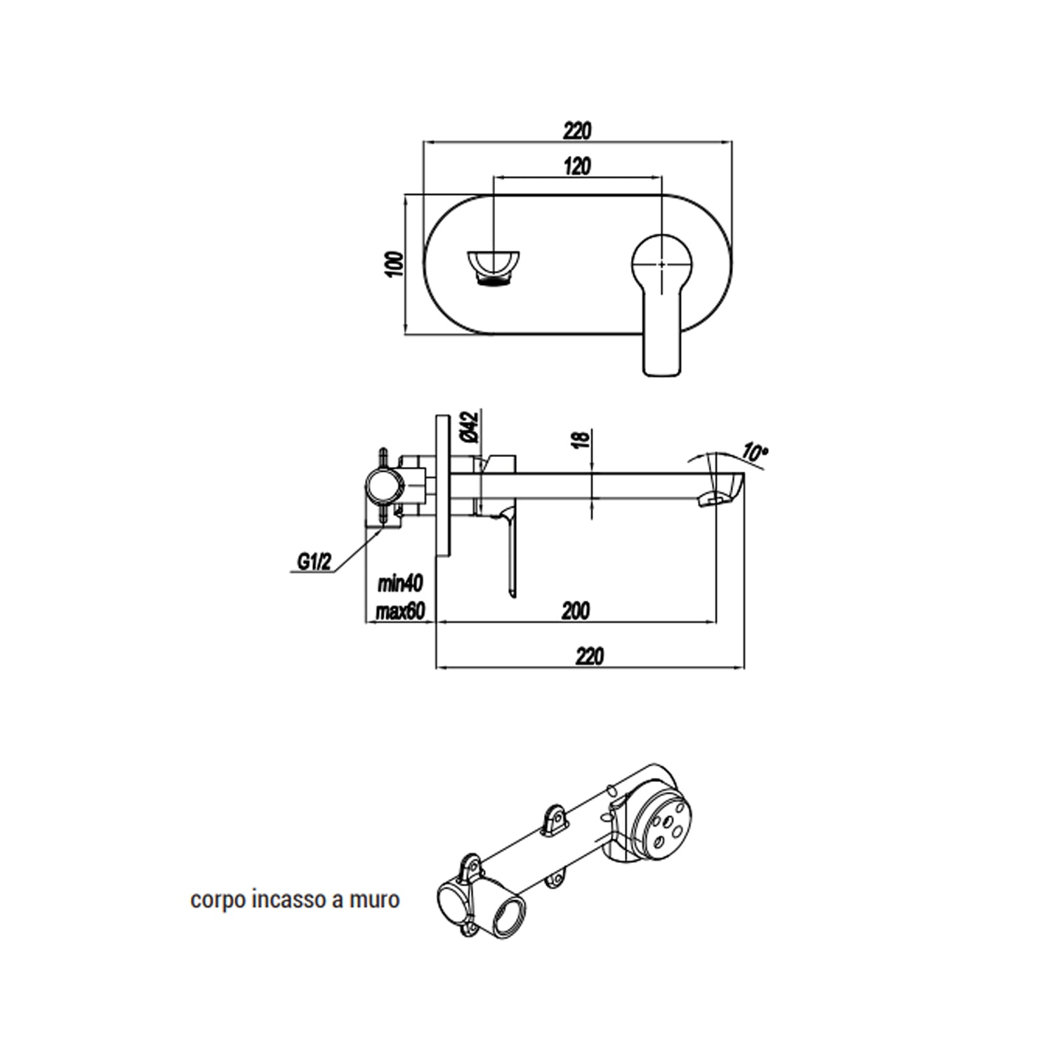 Miscelatore monocomando lavabo murale con piastra RubiFlux serie Zea canna 20 cm - Cromo