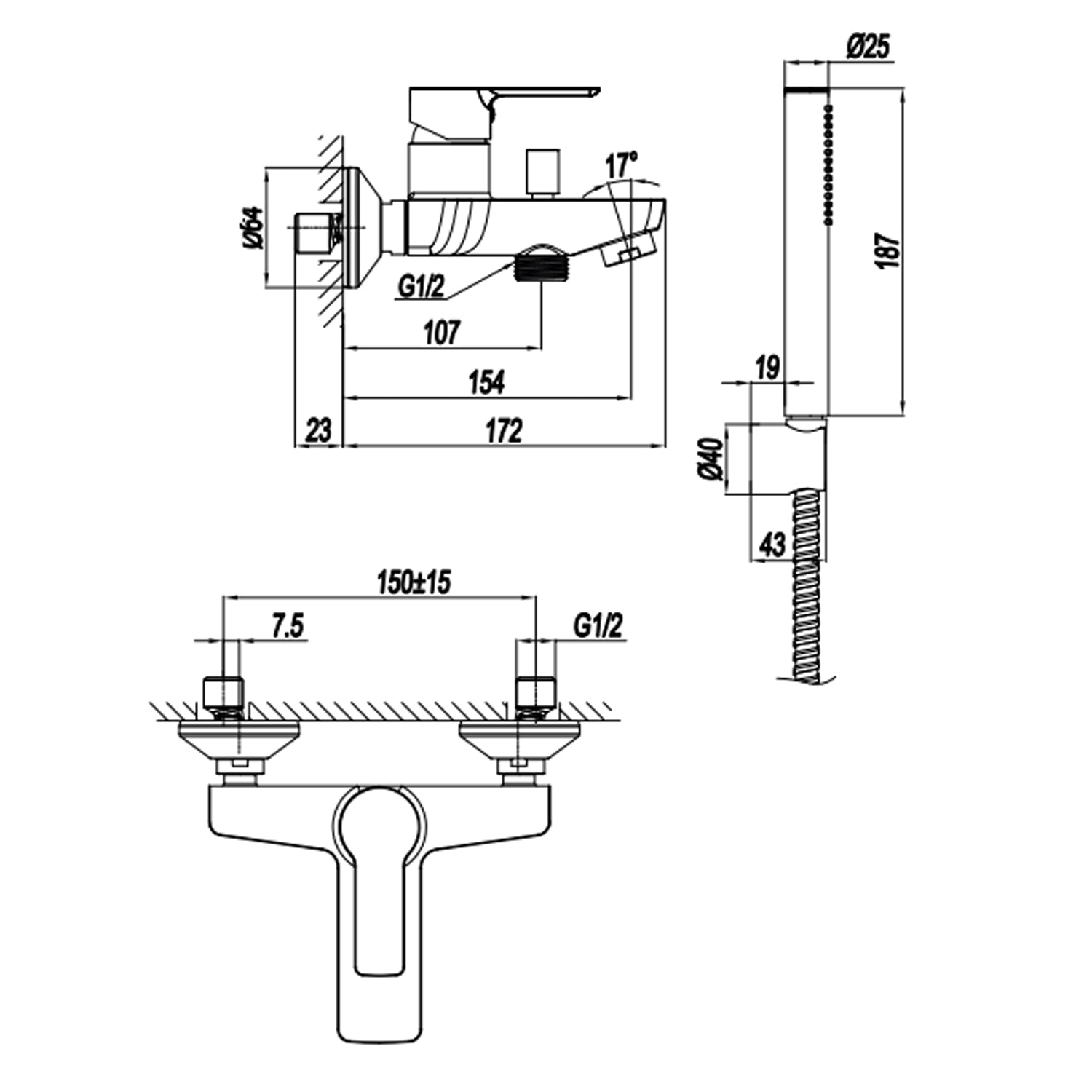 Miscelatore monocomando per vasca con kit doccino RubiFlux serie Zea - Cromo