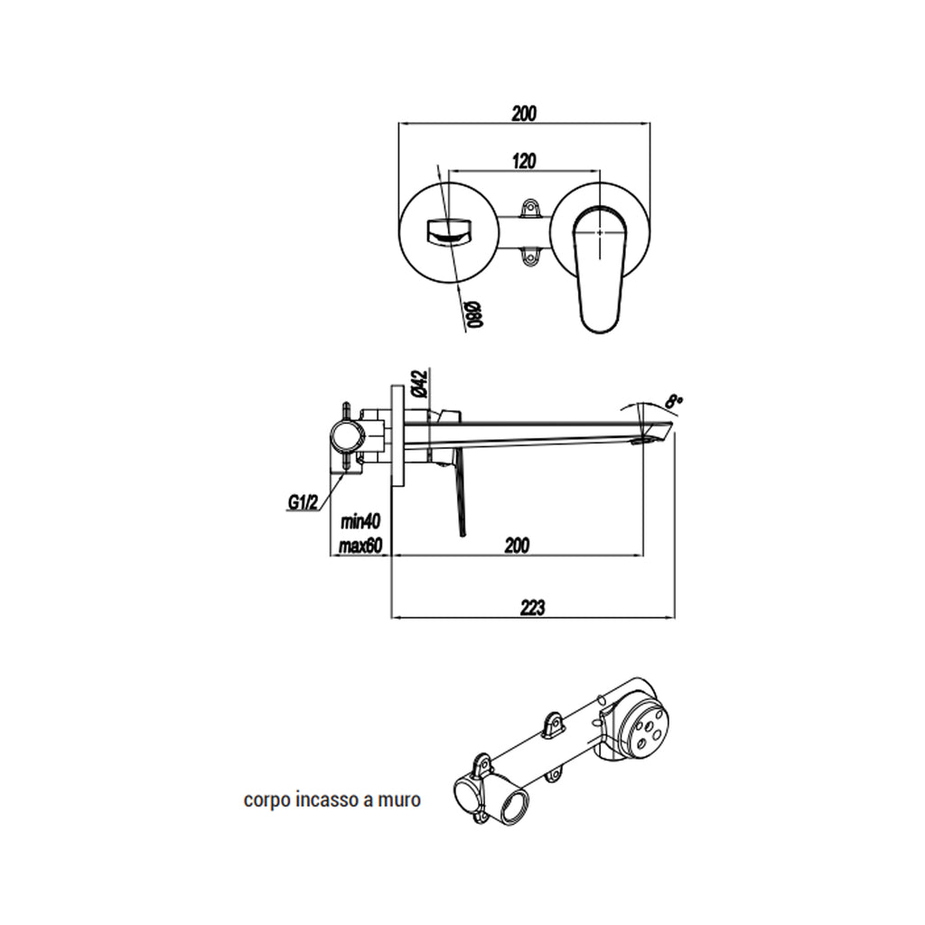 Miscelatore monocomando lavabo murale RubiFlux serie Ampra canna 20 cm - Cromo
