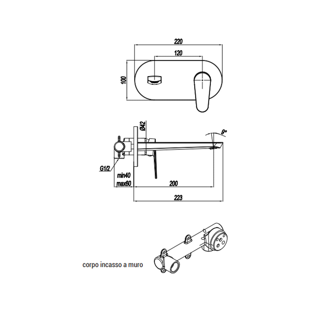 Miscelatore monocomando lavabo murale con piastra RubiFlux serie Ampra canna 20 cm - Cromo