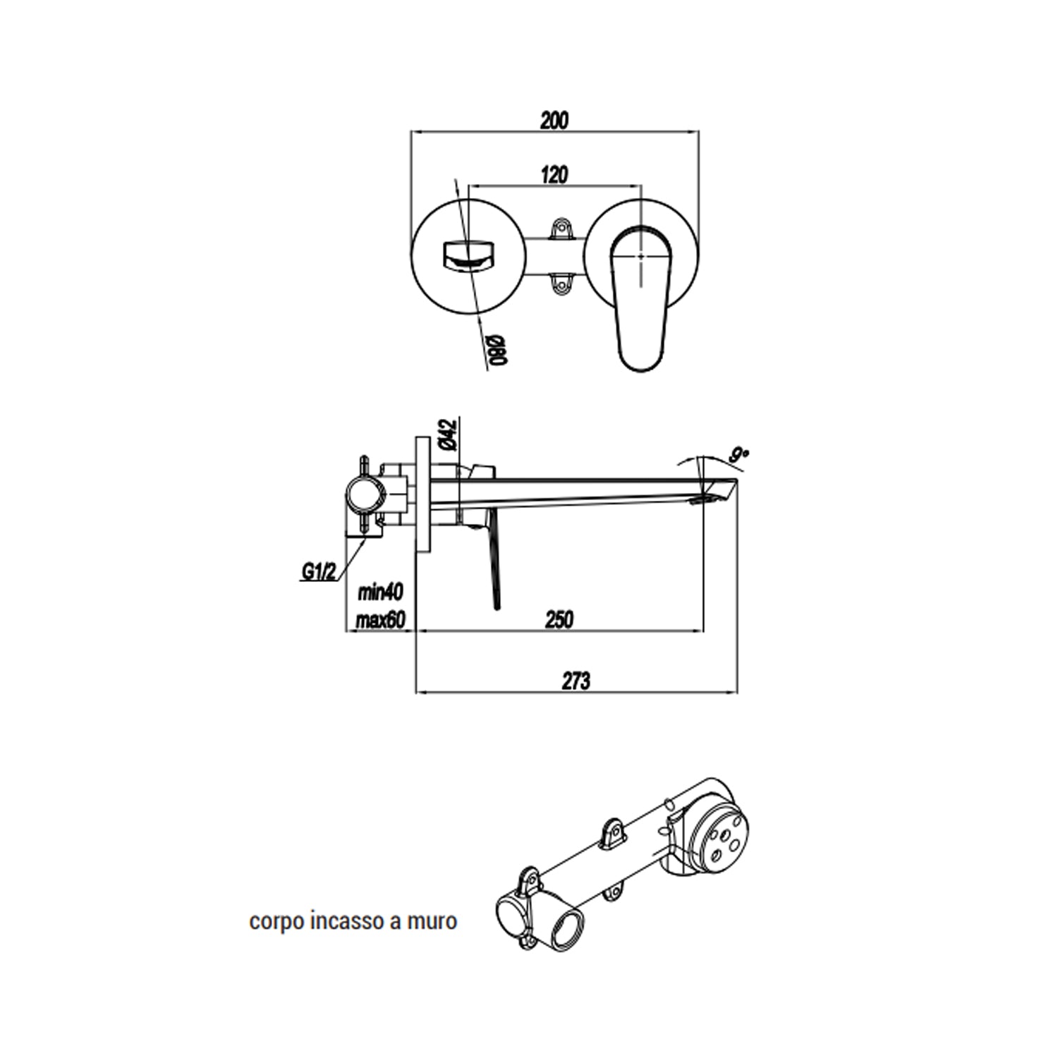 Miscelatore monocomando lavabo murale RubiFlux serie Ampra canna 25 cm - Cromo