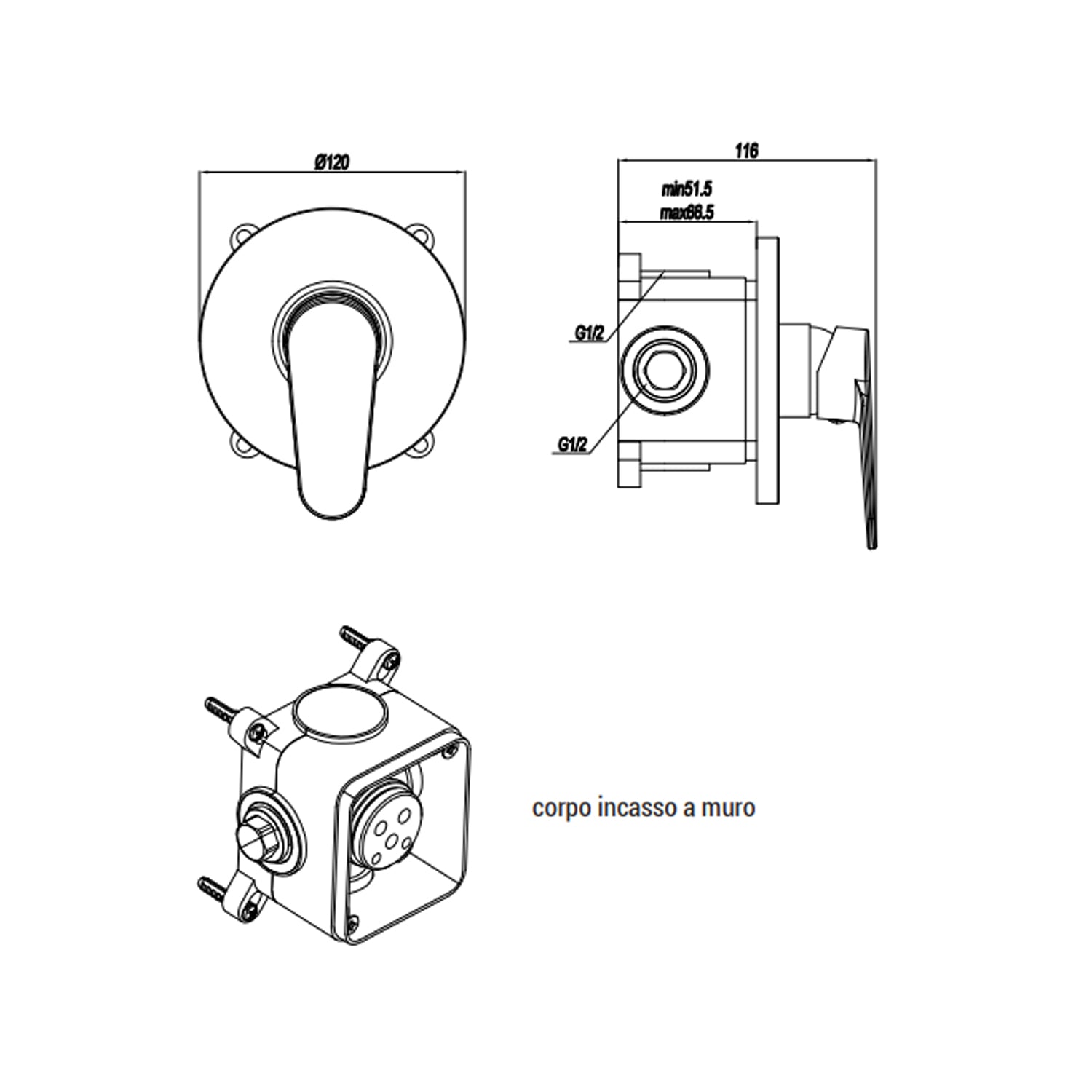 Miscelatore monocomando da incasso per doccia RubiFlux serie Ampra - Cromo