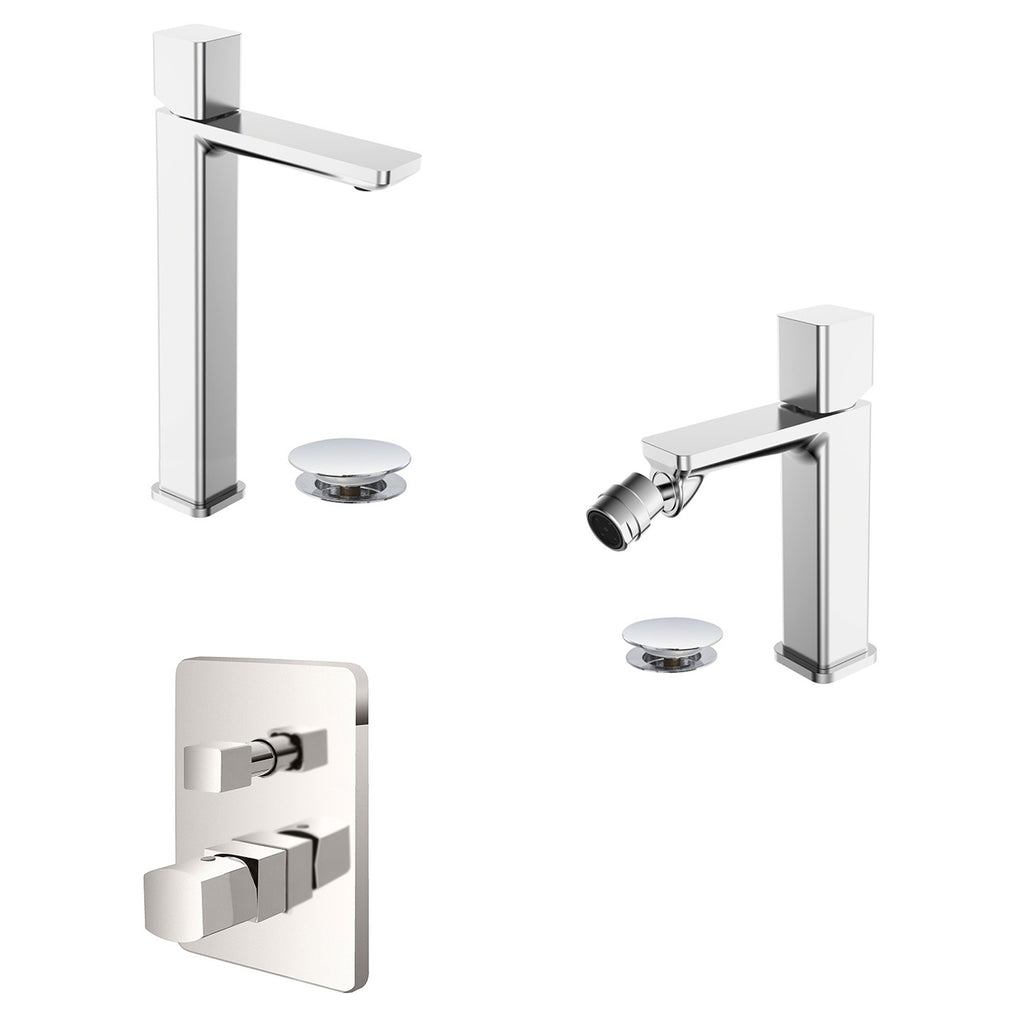 Kit miscelatore lavabo alto + bidet RubiFlux serie Lilium Modello Grey con piletta clic-clac - Nickel spazzolato