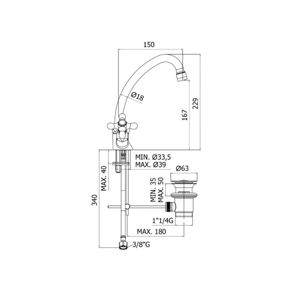 Monoforo lavabo con canna orientabile e scarico automatico Paffoni serie Iris - Ramato
