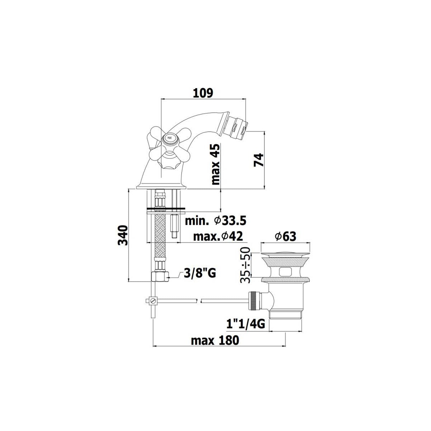 Monoforo bidet Retrò con scarico automatico Paffoni serie Iris - Ramato