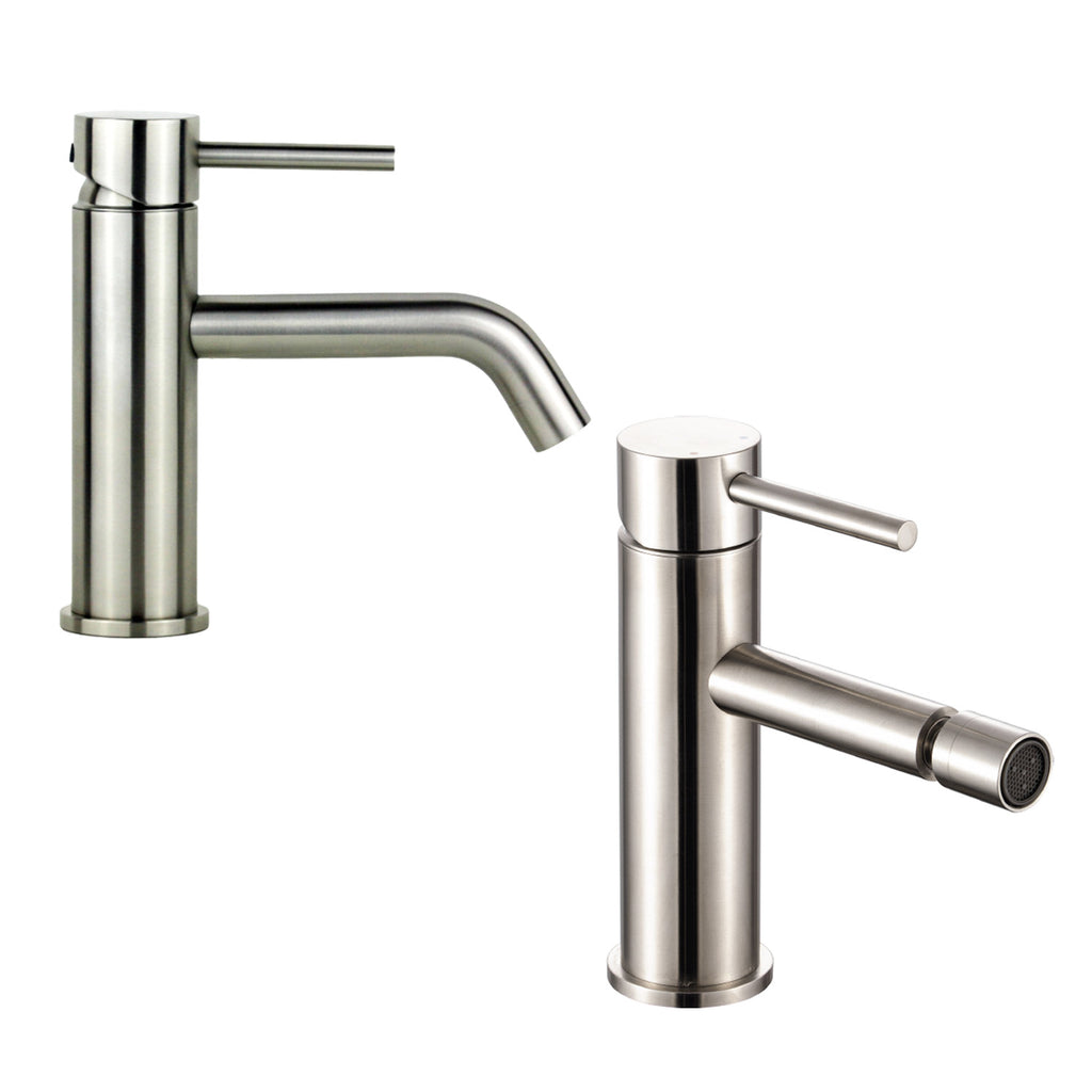 Coppia di miscelatori per lavabo e bidet serie TriaSix in acciaio 316 spazzolato