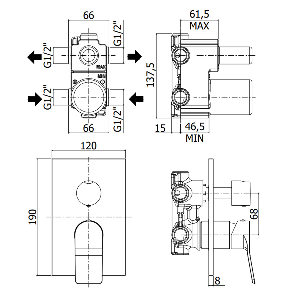 Miscelatore incasso doccia a due uscite con deviatore meccanico modello Tilt Paffoni cromato