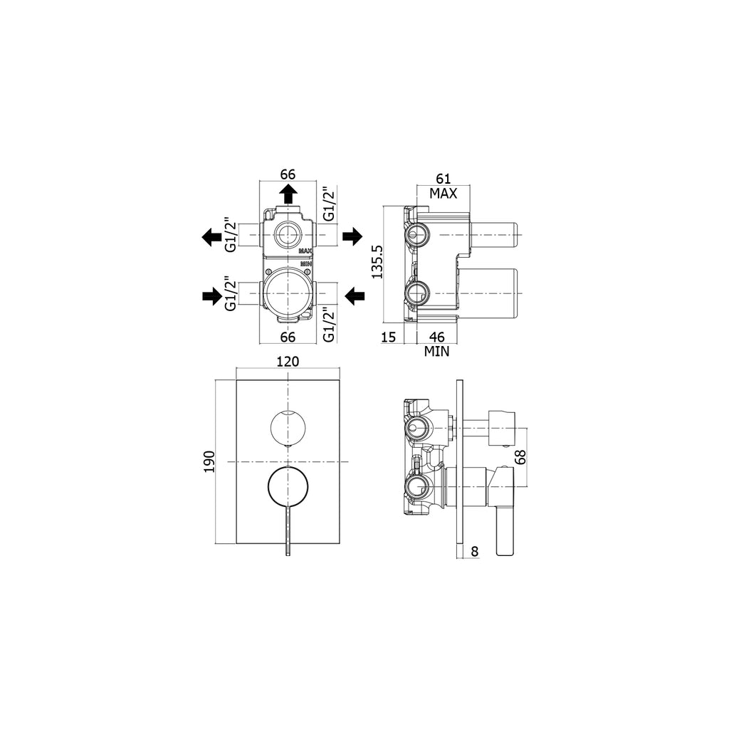 Miscelatore incasso doccia 3 uscite Paffoni Rock con cartuccia deviatore