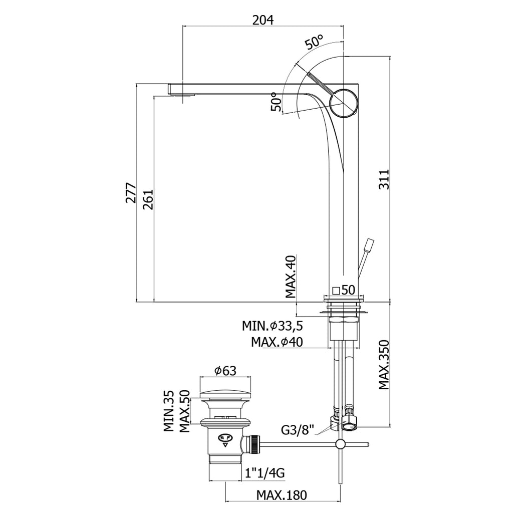 Miscelatore lavabo prolungato Paffoni Rock con scarico automatico 1''1/4