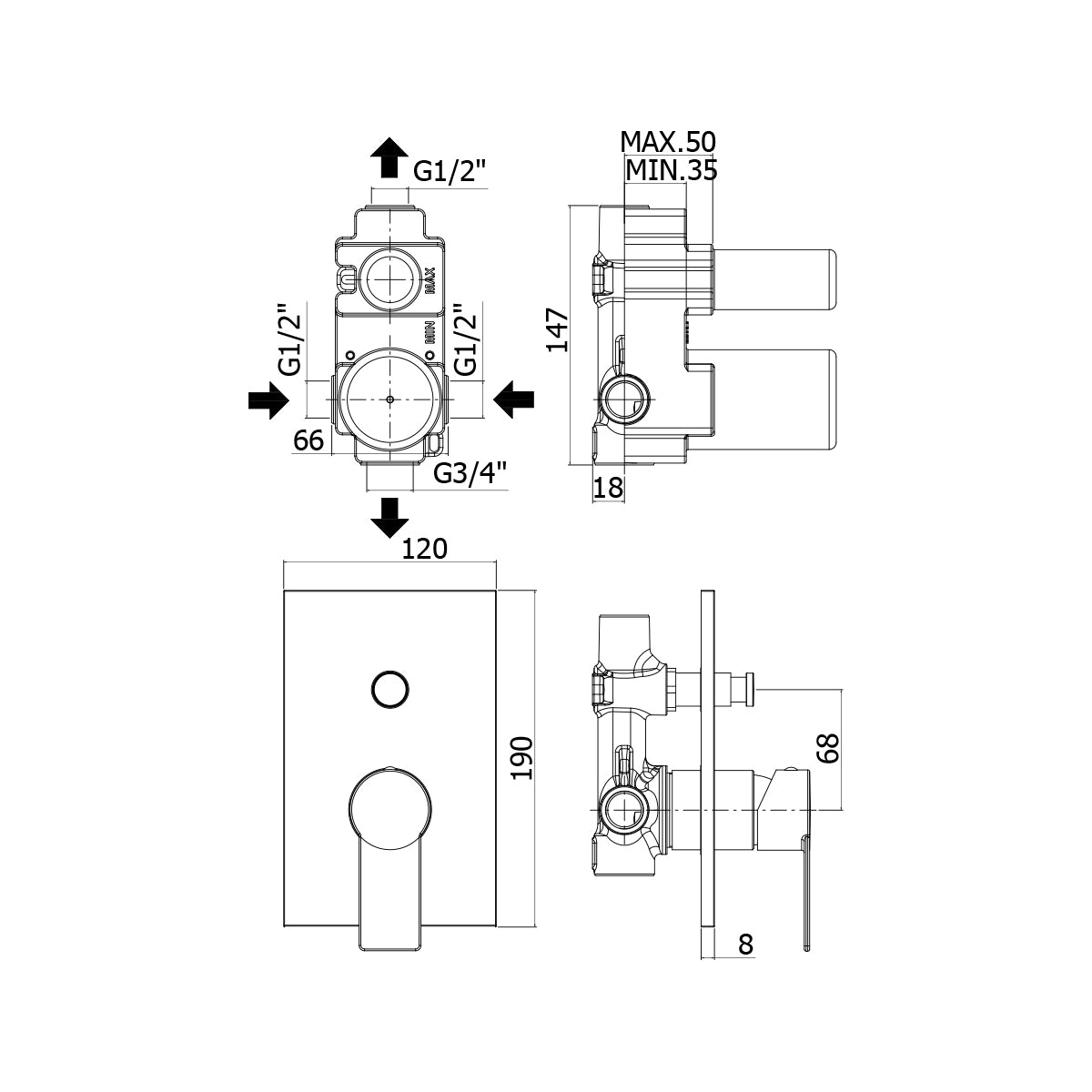 Miscelatore incasso doccia 2 uscite Paffoni Tango deviatore a pulsante e piastra 120x190 mm