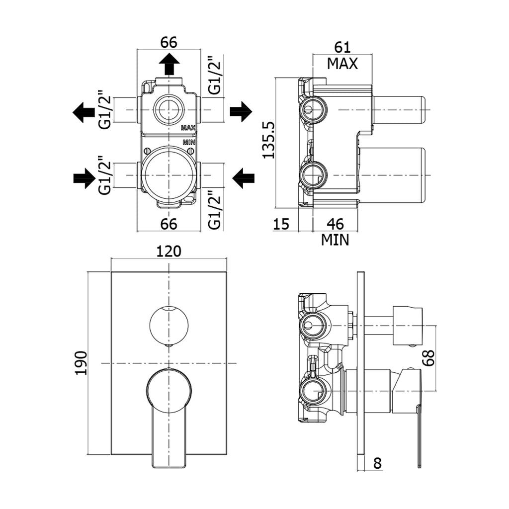 Miscelatore incasso doccia 3 uscite Paffoni Tango 120x190 mm Cromo con piastra in acciaio