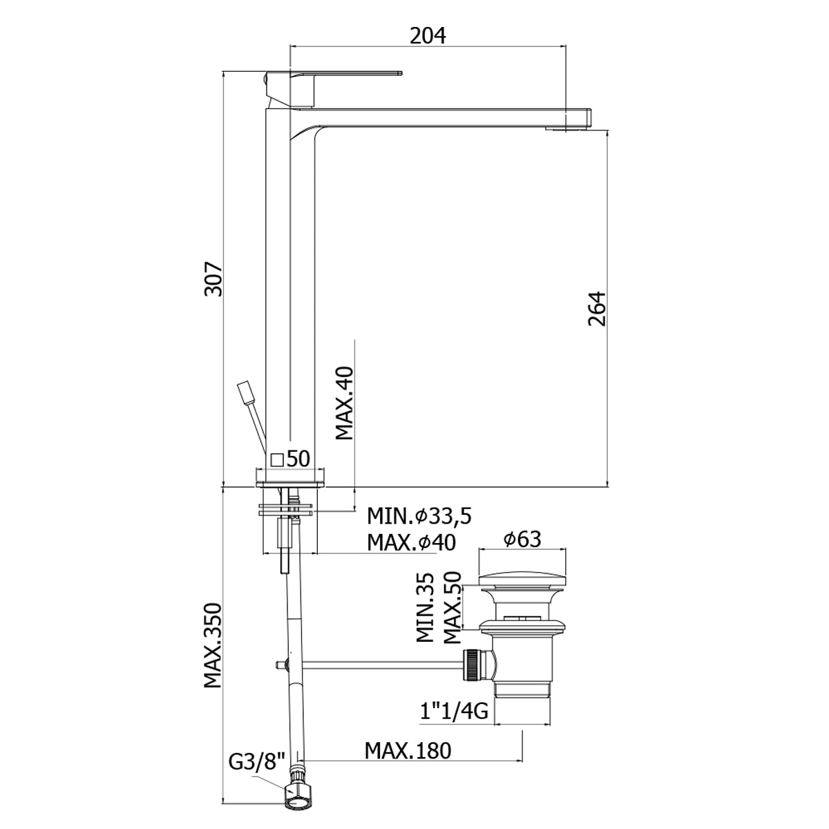 Miscelatore lavabo prolungato Paffoni Tango con scarico automatico 1''1/4G
