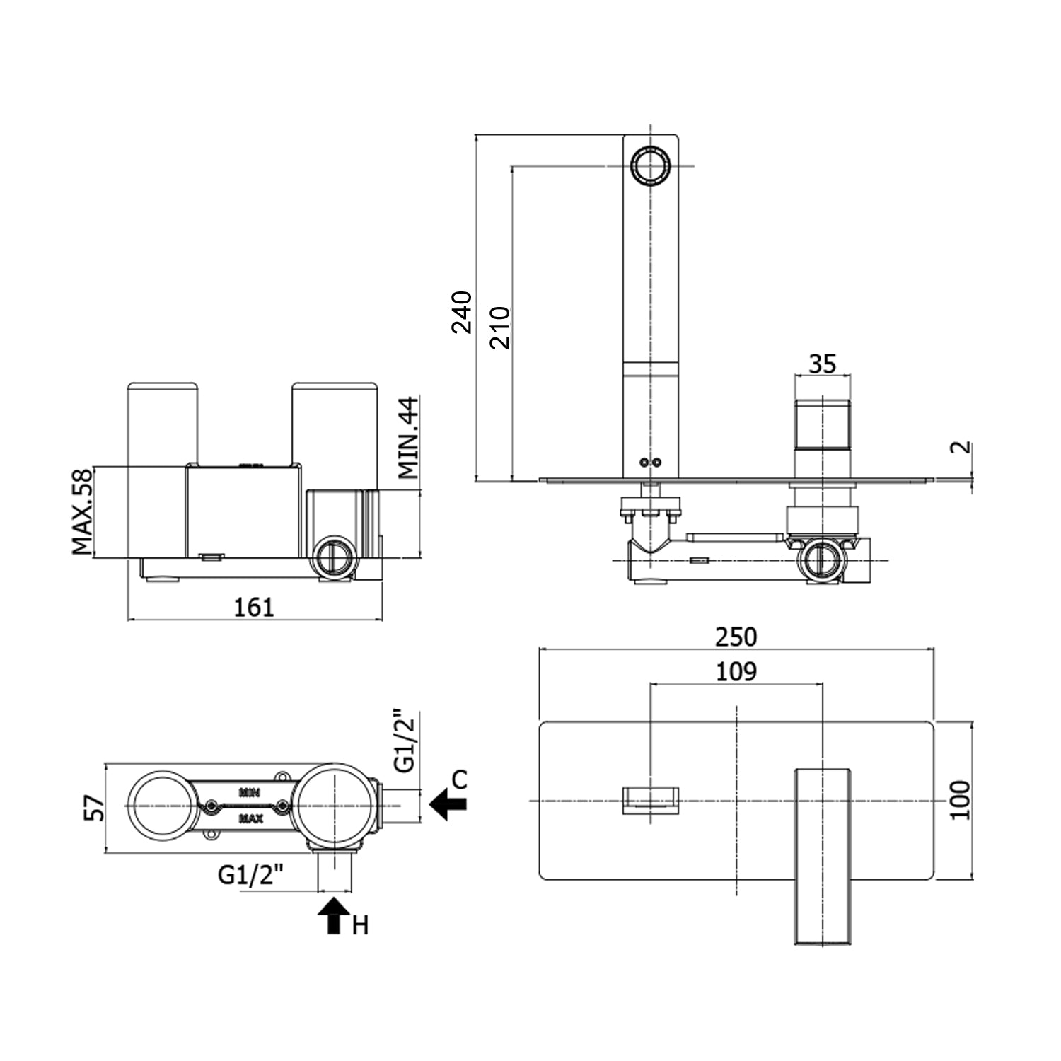 Miscelatore incasso lavabo Paffoni Elle con bocca e aeratore M24x1- l. 240 mm
