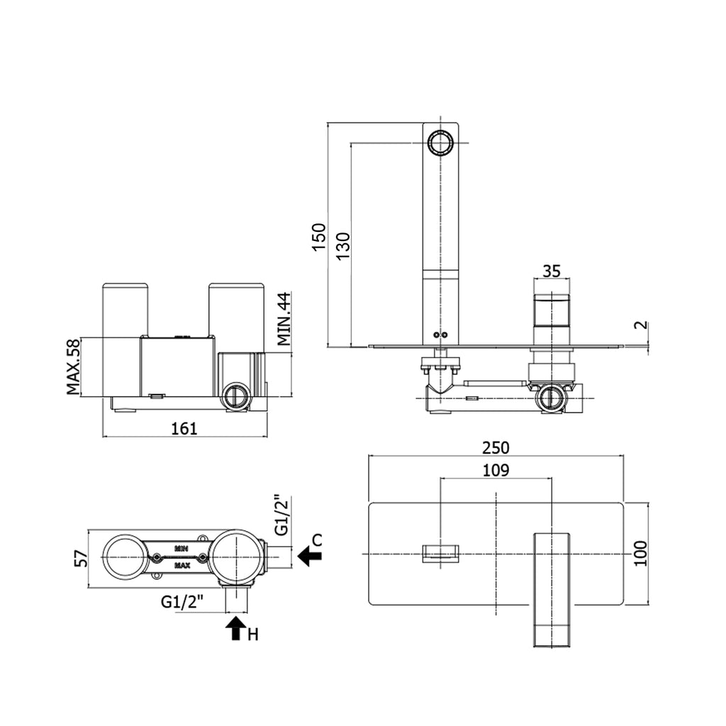 Miscelatore incasso lavabo Paffoni Level con bocca e piastra in acciaio- Bocca cm 15