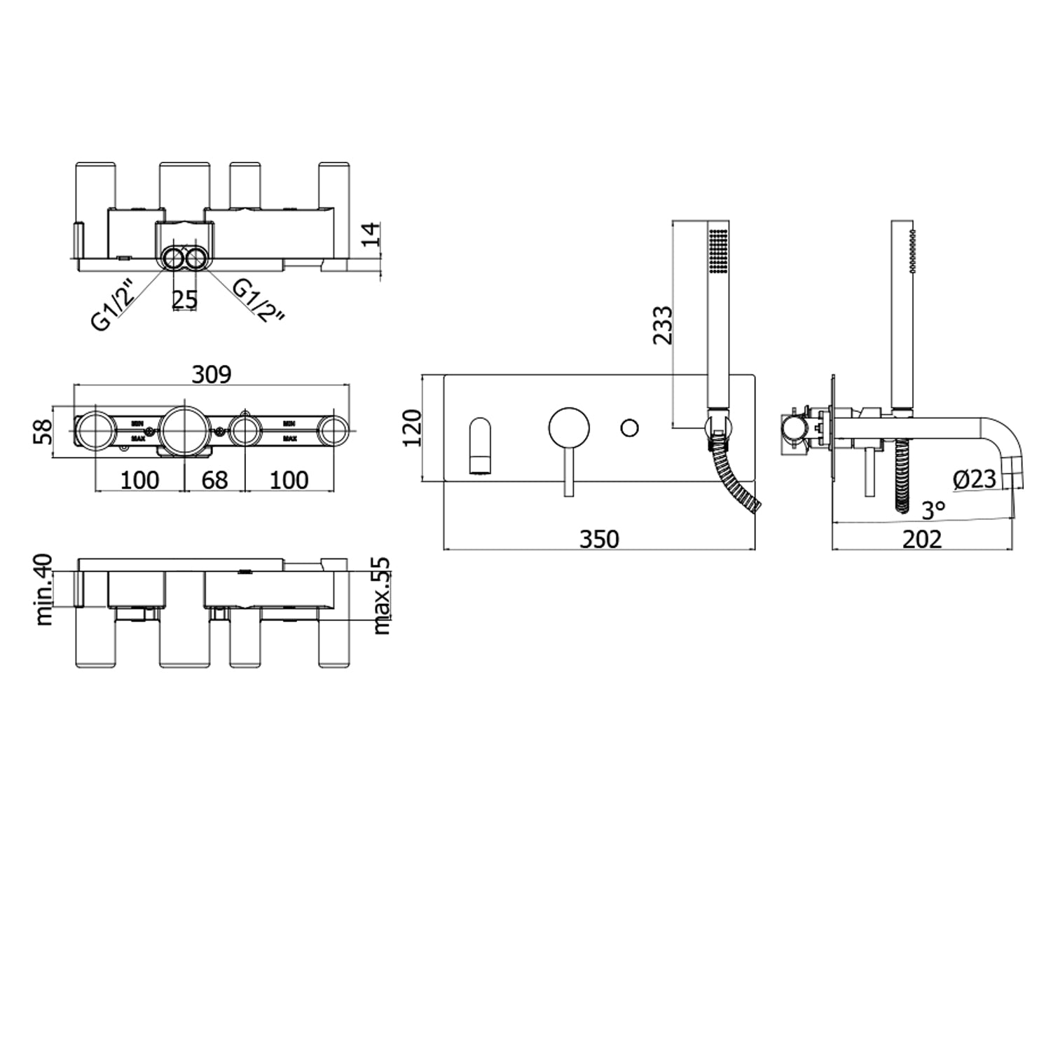 Miscelatore incasso vasca-doccia 2 uscite Paffoni Light con piastra 350x120 mm