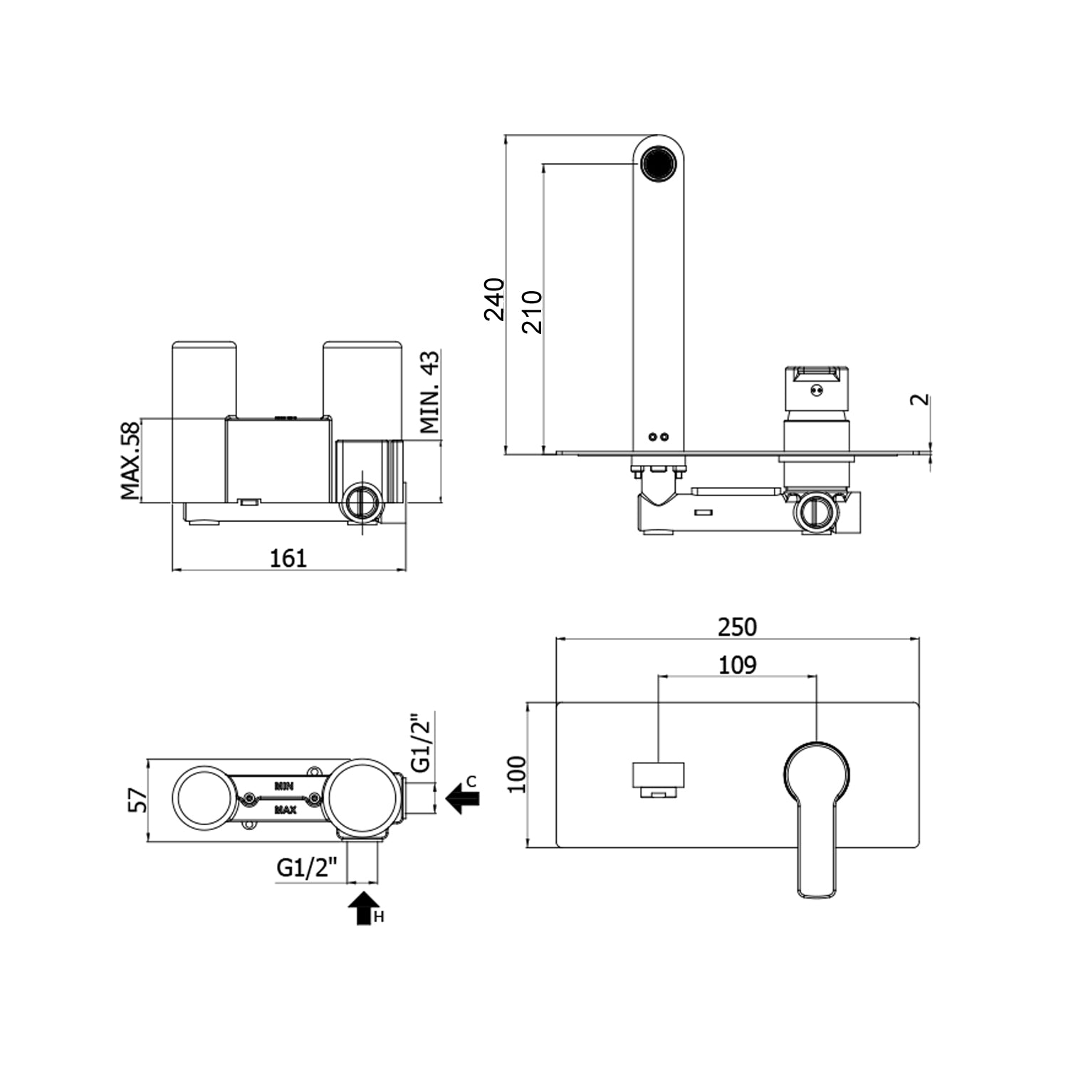 Miscelatore incasso lavabo Paffoni Red con bocca e aeratore M24x1 - l. 200 mm