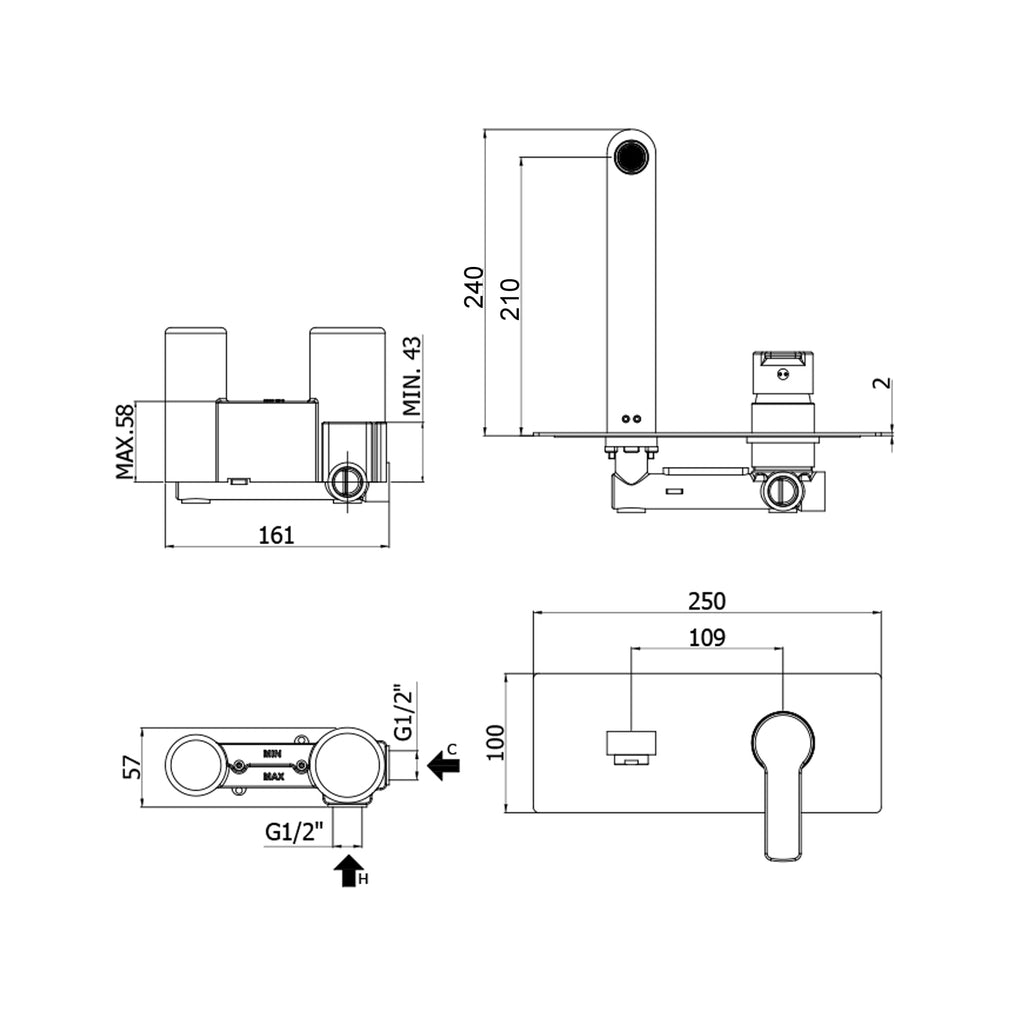 Miscelatore incasso lavabo Paffoni Red con bocca e aeratore M24x1 - l. 240 mm