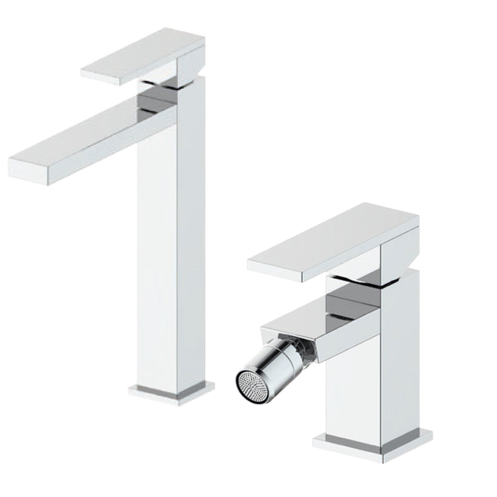 Composizione RubiFlux Square con miscelatore lavabo alto+ bidet ottone cromo con pilette di scarico