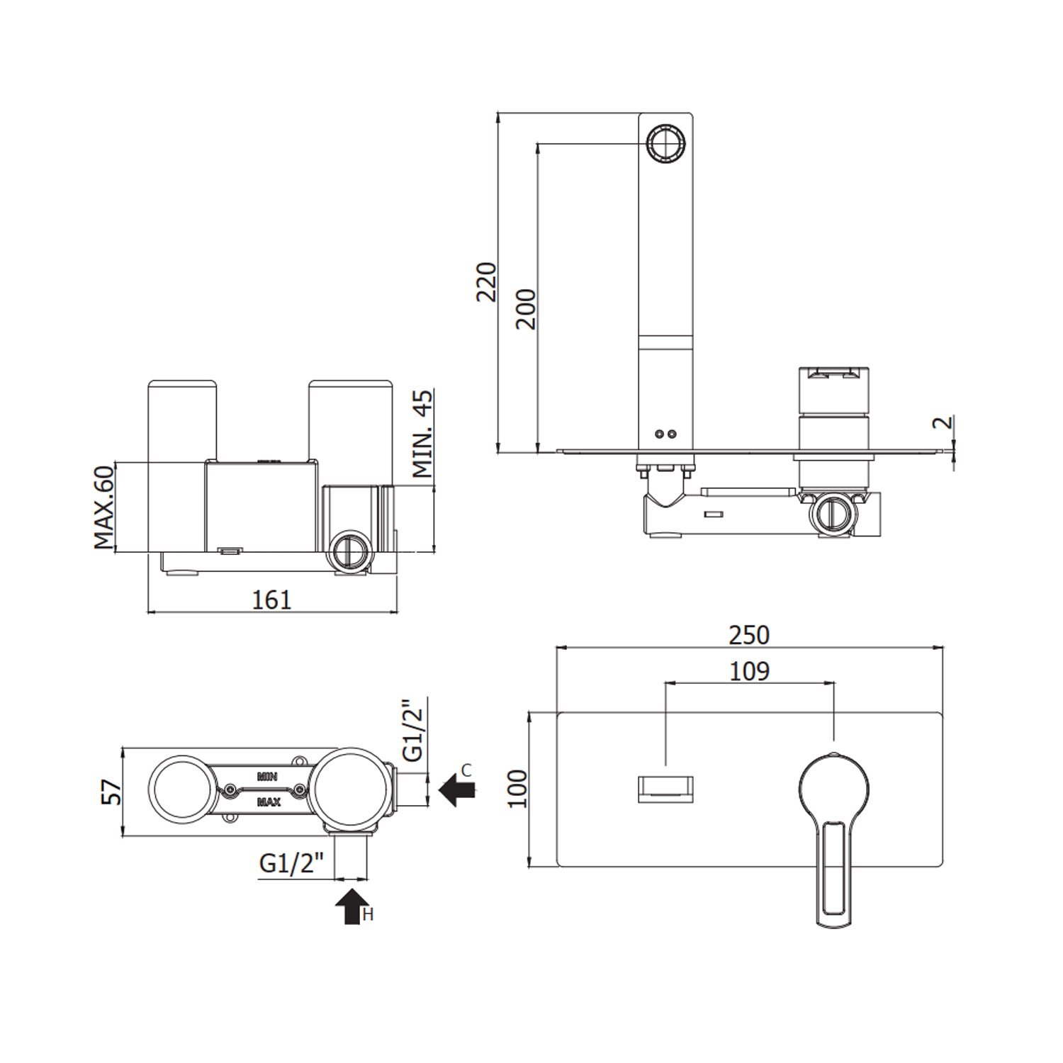 Miscelatore incasso lavabo l. 200 mm Paffoni serie West - Cromato