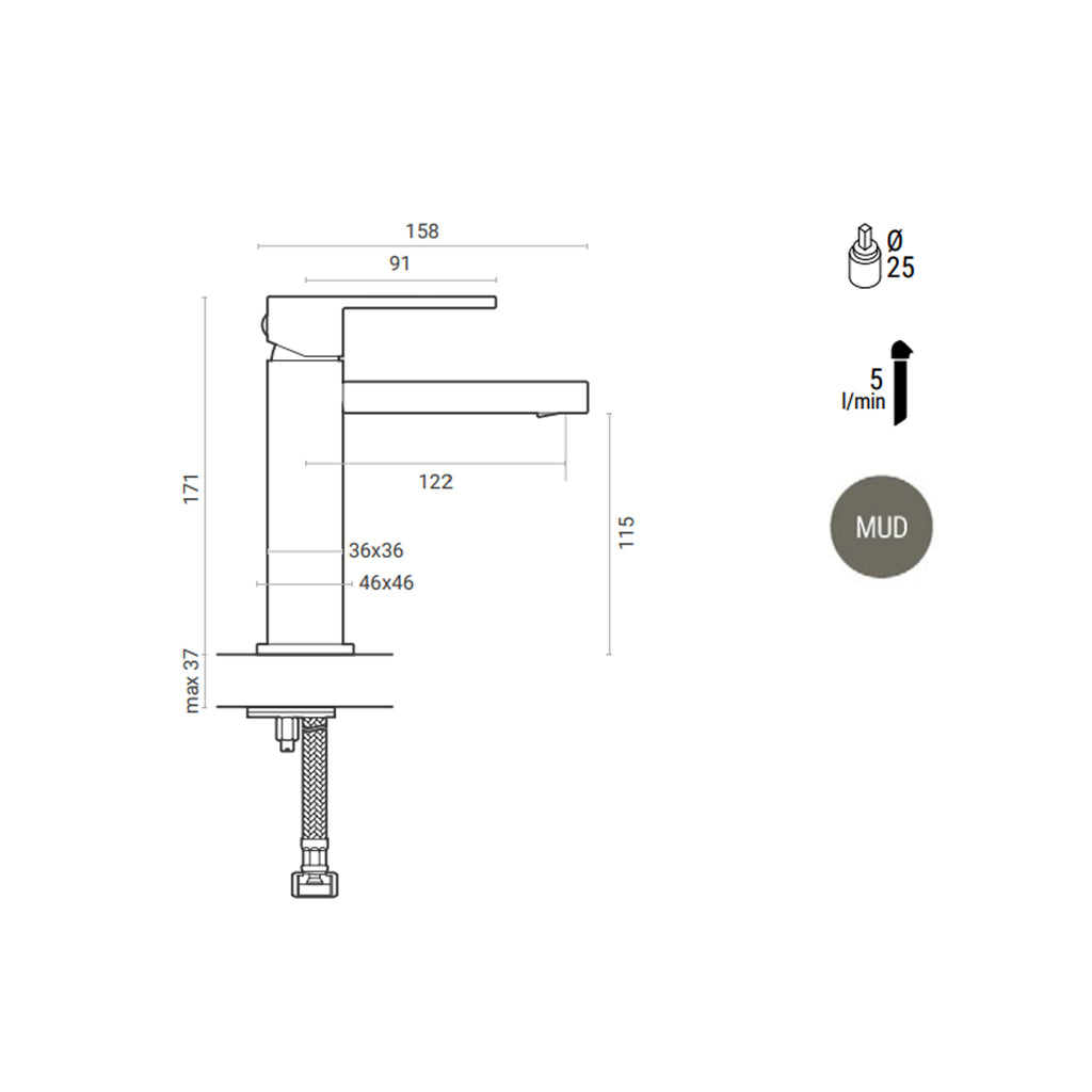 Miscelatore lavabo monocomando RubiFlux Square Mud con piletta di scarico click-clack - Grigio Fango