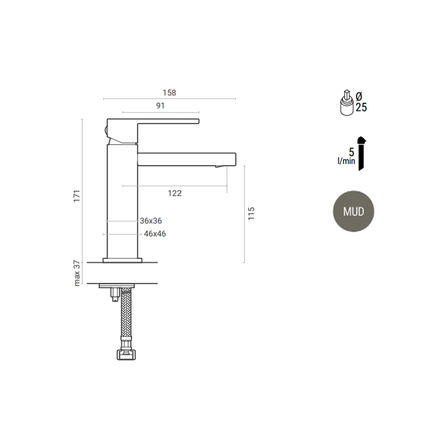 Miscelatore lavabo monocomando RubiFlux Square Mud con piletta di scarico click-clack - Grigio Fango