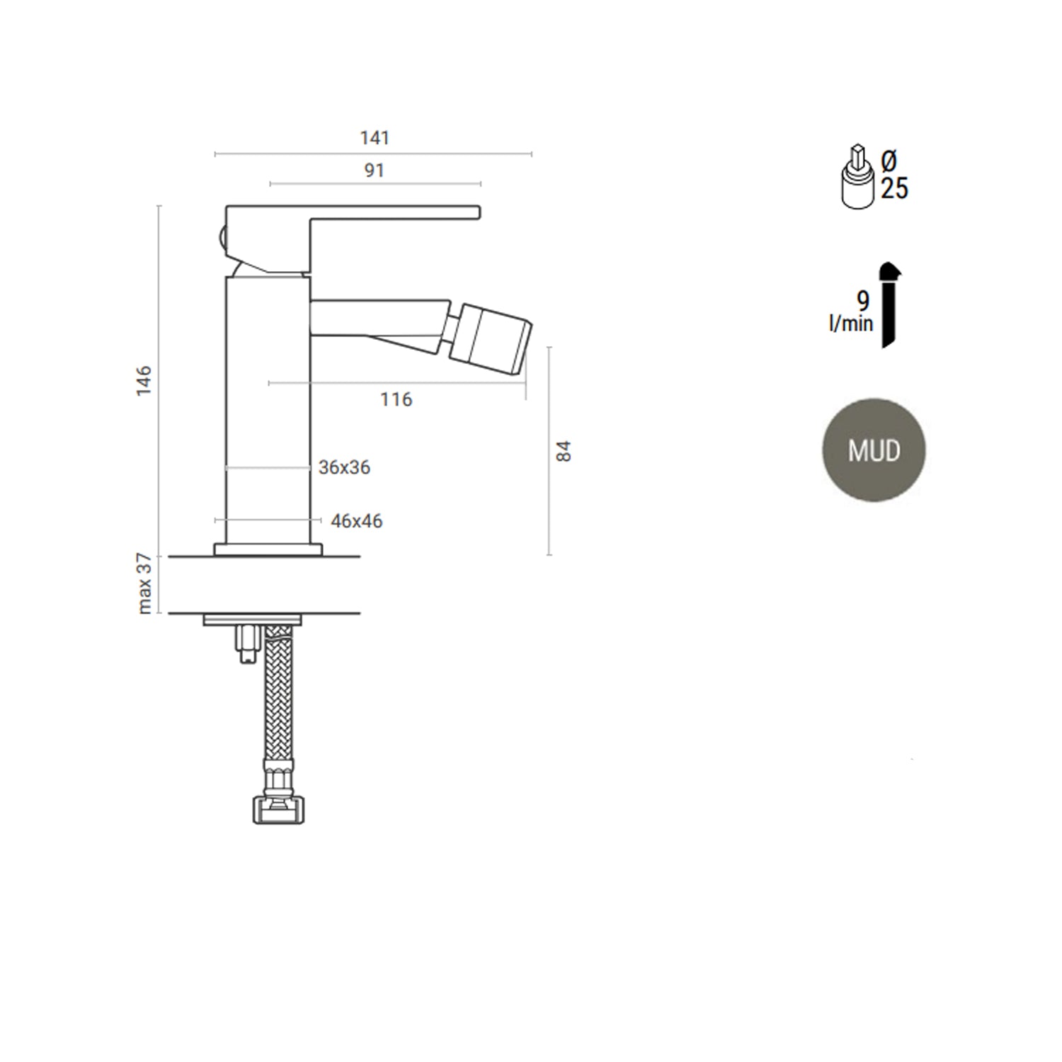 Miscelatore bidet monocomando RubiFlux Square Mud con piletta di scarico click-clack - Grigio Fango