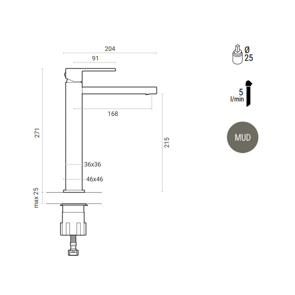 Miscelatore lavabo monocomando alto RubiFlux Square Mud con piletta di scarico click-clack - Grigio Fango