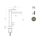 Miscelatore lavabo monocomando alto RubiFlux Square Mud con piletta di scarico click-clack - Grigio Fango