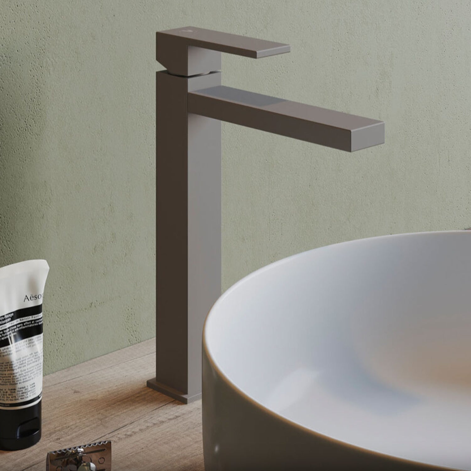 Miscelatore lavabo monocomando alto RubiFlux Square Mud con piletta di scarico click-clack - Grigio Fango