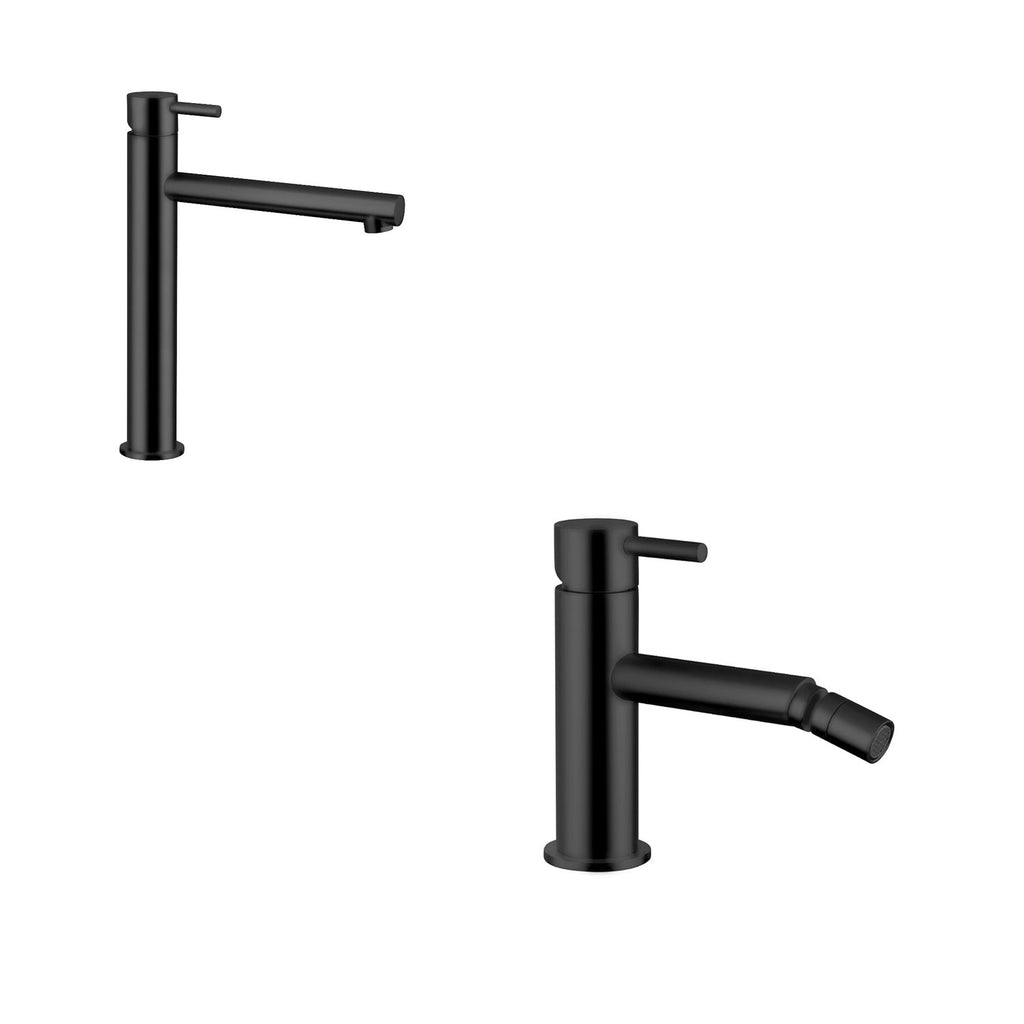 Kit miscelatori lavabo alto+bidet in ottone nero opaco con scarico click-clack serie minimal Keller Taps