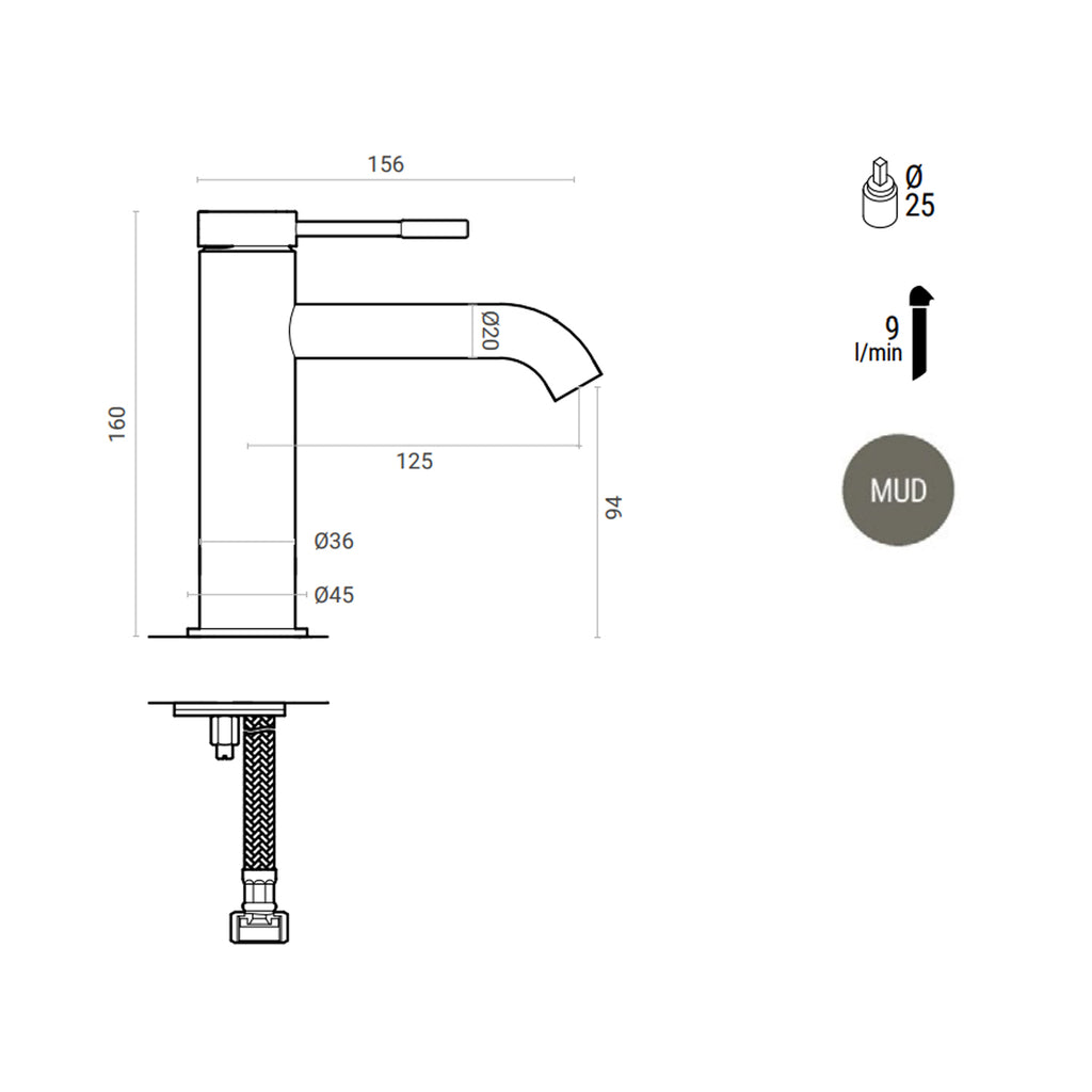 Miscelatore lavabo monocomando RubiFlux York Mud con piletta di scarico click-clack - Grigio Fango