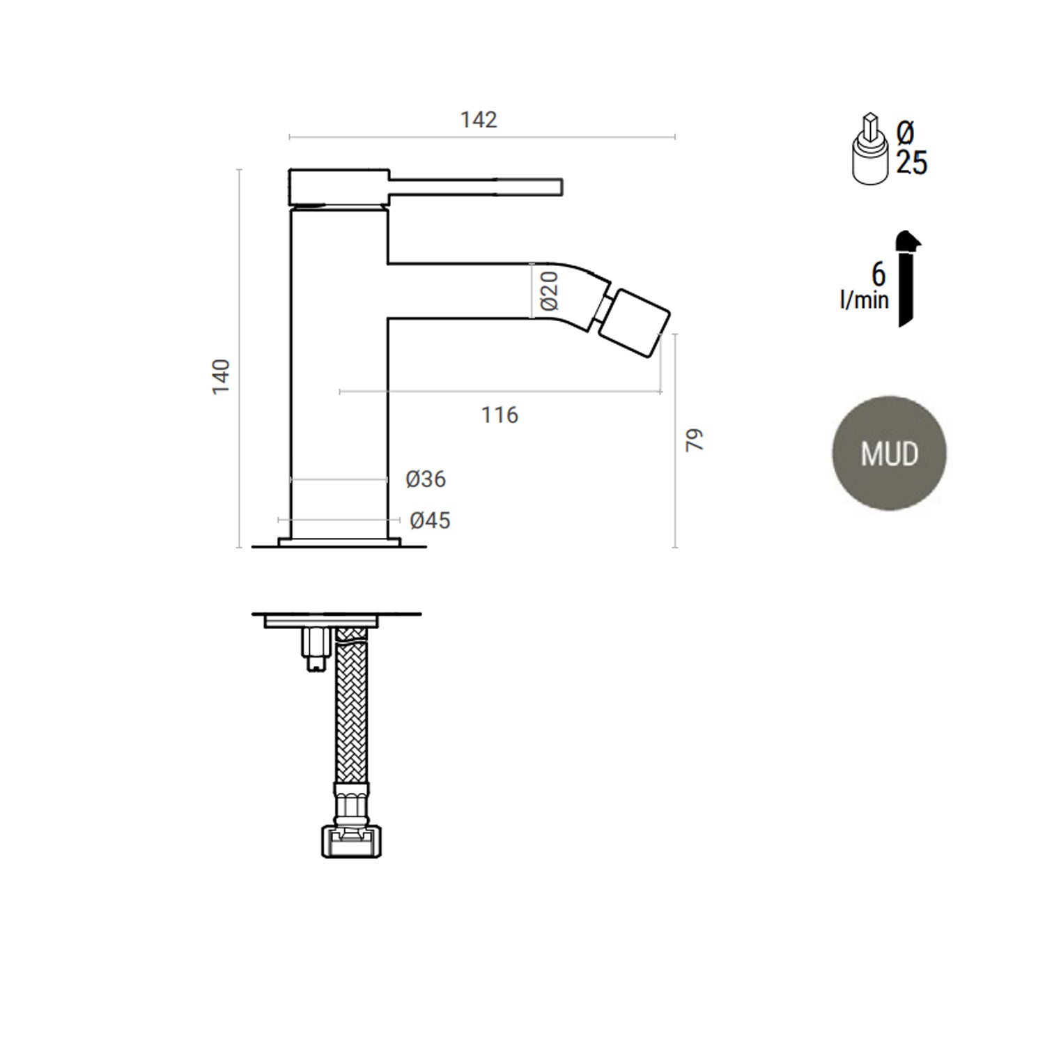 Miscelatore bidet monocomando RubiFlux York Mud con piletta di scarico click-clack - Grigio Fango