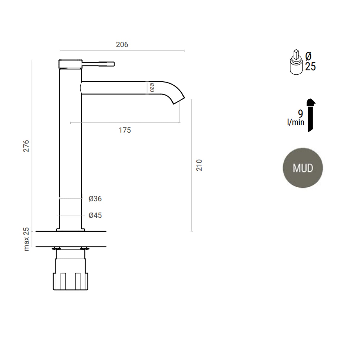 Miscelatore lavabo monocomando alto RubiFlux York Mud con piletta di scarico click-clack - Grigio Fango