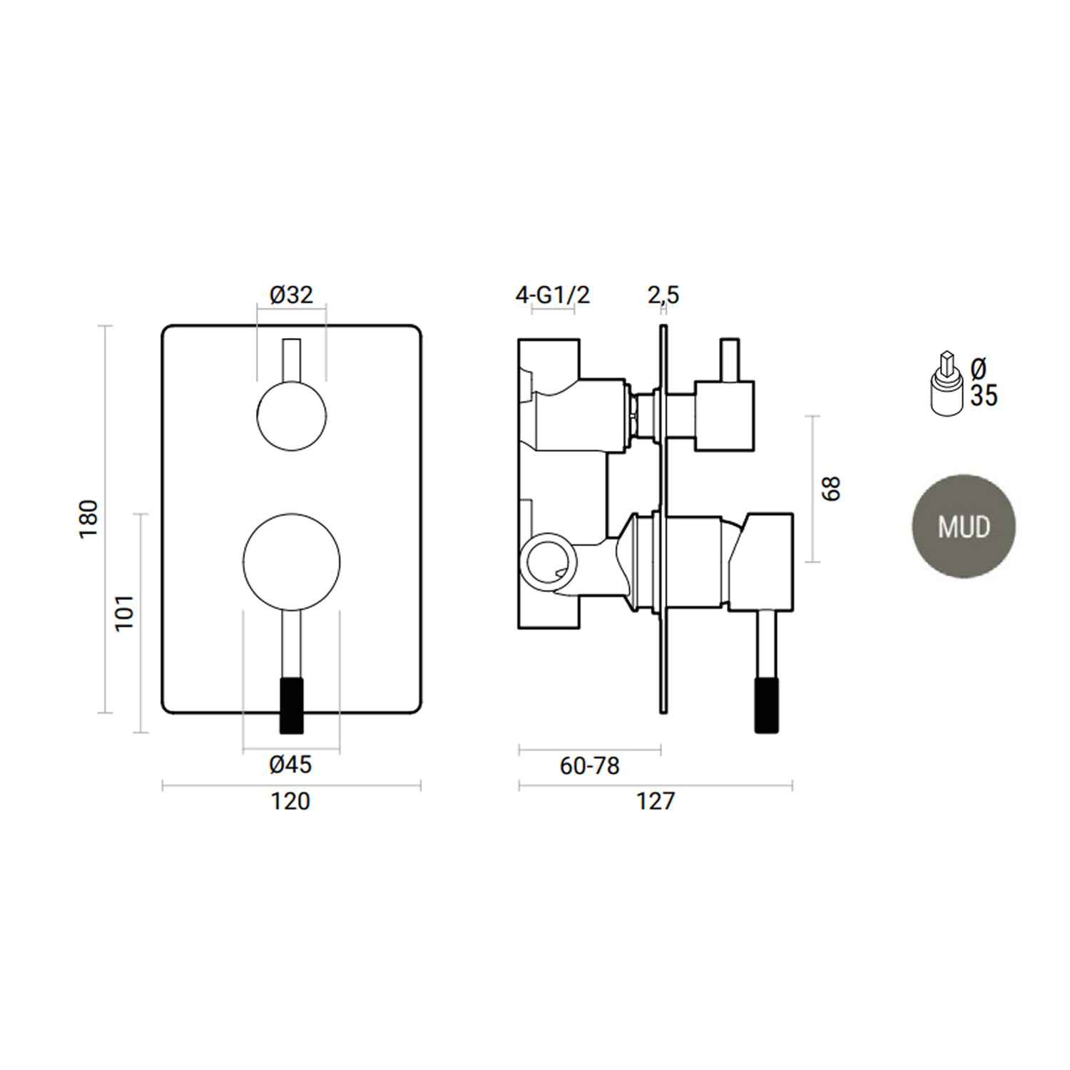 Miscelatore ad incasso per doccia con deviatore 2 vie RubiFlux Tennis Mud - Grigio Fango