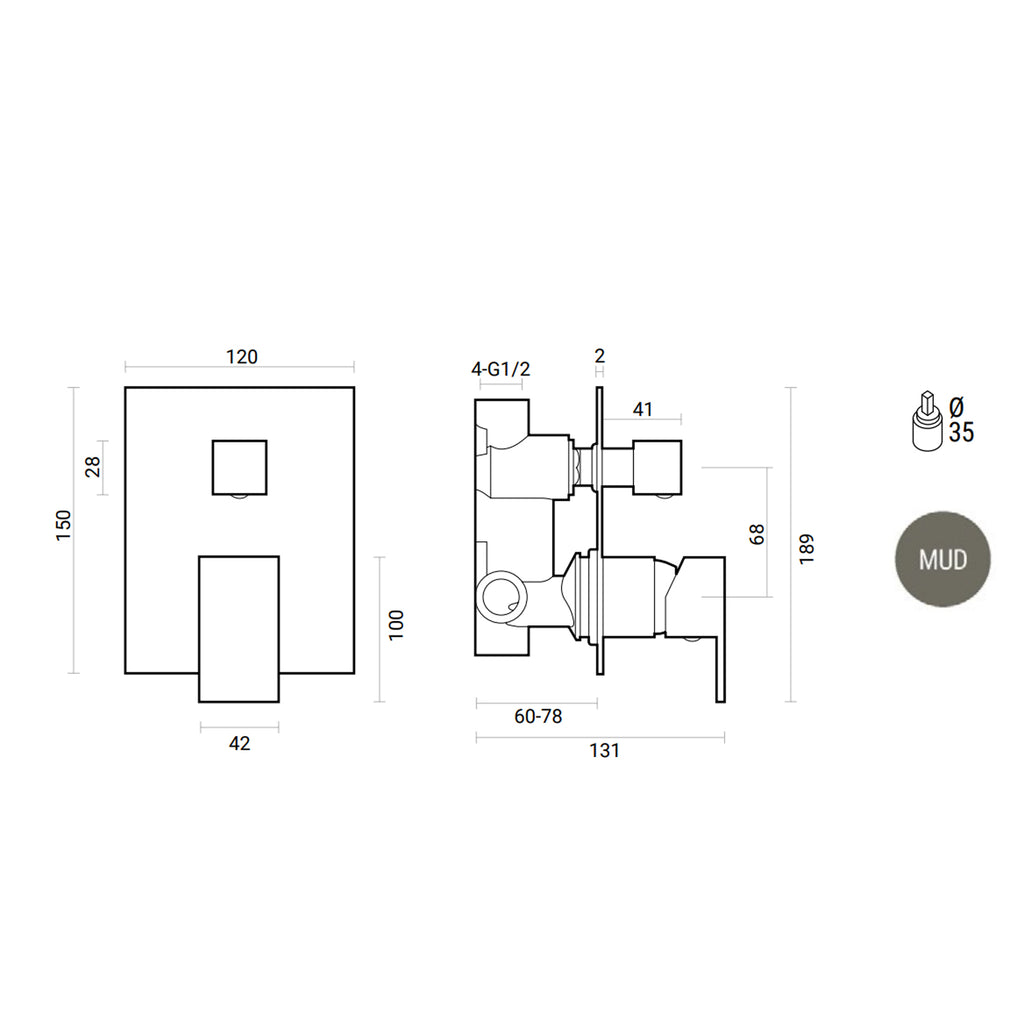 Miscelatore ad incasso quadro per doccia con deviatore 2 vie RubiFlux Square Mud - Grigio Fango