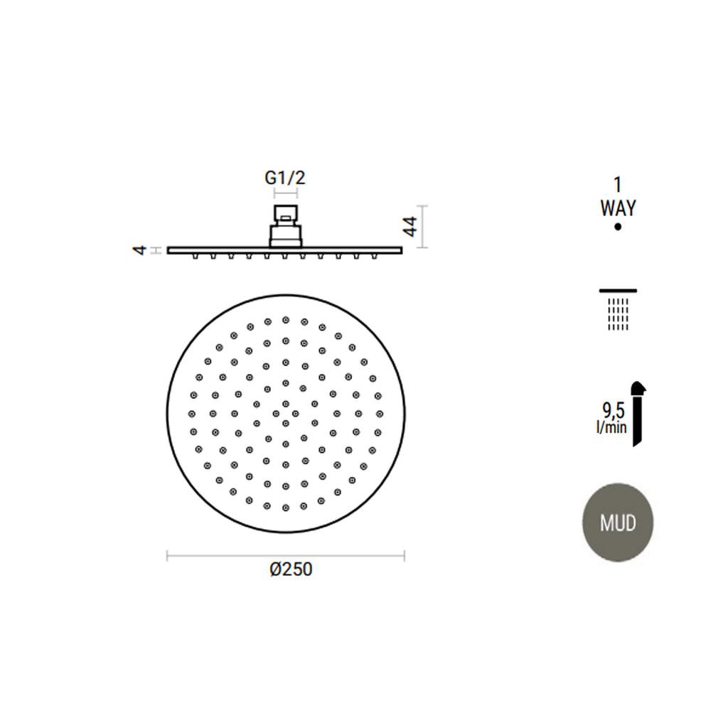 Soffione doccia rotondo Ã¸ 25 cm RubiFlux con getti anticalcare in silicone - Grigio Fango