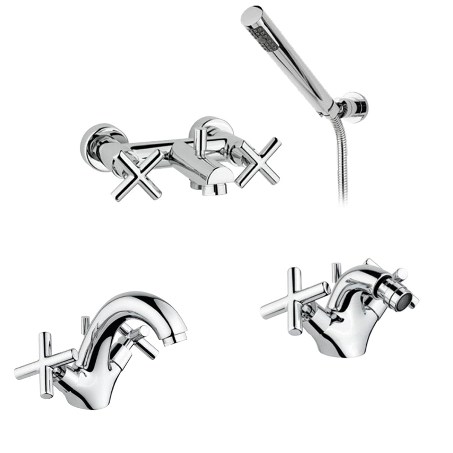 Kit miscelatori lavabo bidet e vasca in ottone cromato collezione Sirio Keller Taps - con kit doccia