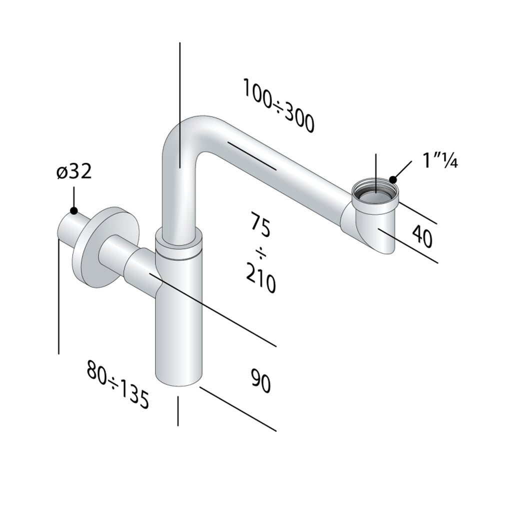 Sifone design salva-spazio in ottone cromato RubiFlux