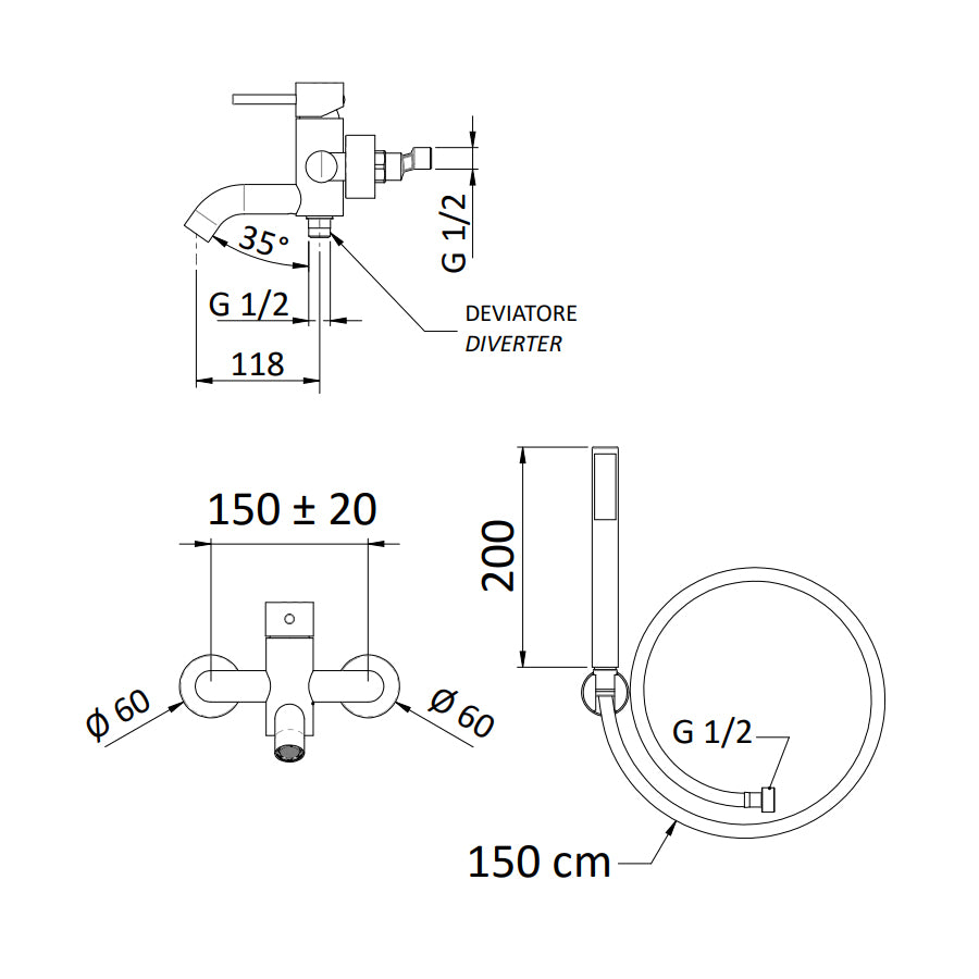 Miscelatore monocomando vasca con kit doccia Rubinetterie Mariani linea Next
