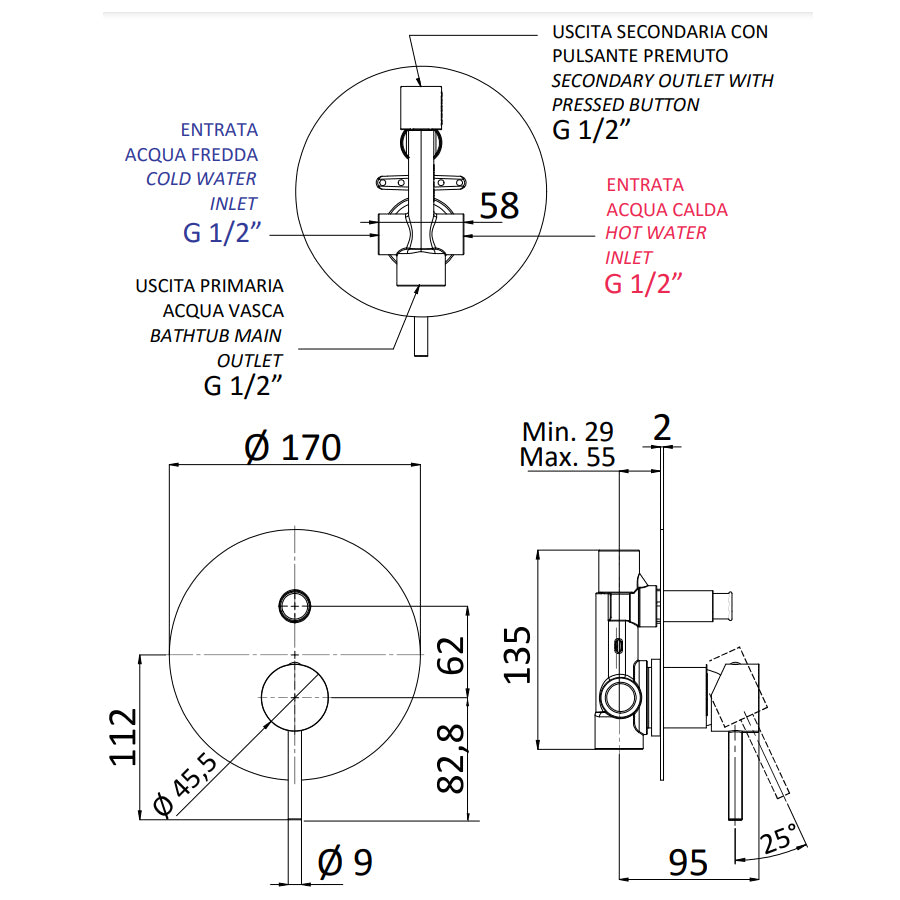 Miscelatore monocomando doccia a incasso con deviatore automatico Rubinetterie Mariani linea Next