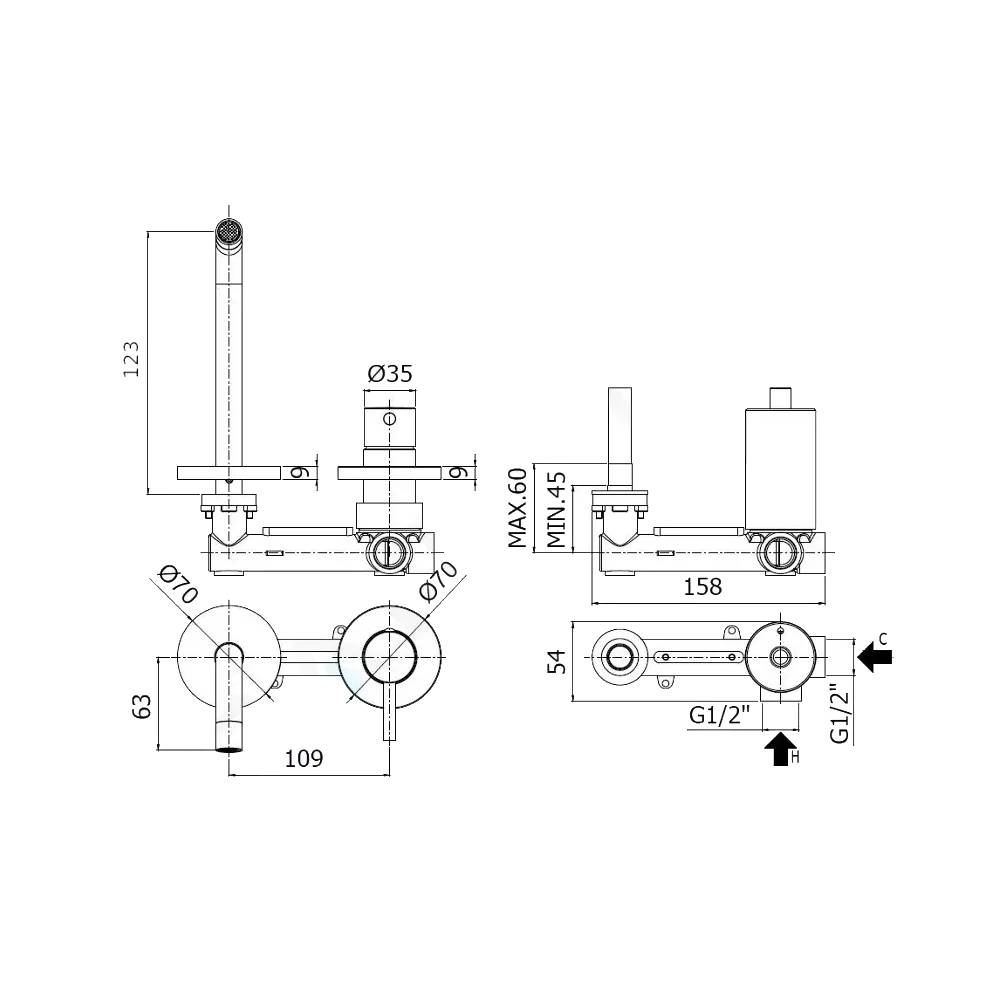 Miscelatore ad incasso per doccia a 2 fori serie Stick modello SK104ST70 steel looking Paffoni