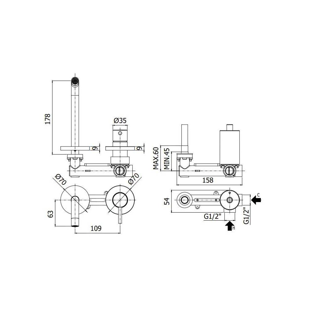 Miscelatore ad incasso per lavabo a 2 fori serie Stick modello SK105ST70 steel looking Paffoni